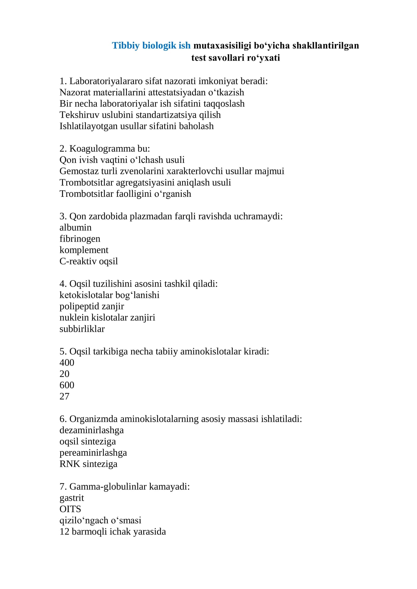 Tibbiy biologik ish mutaxasisiligi boʻyicha shakllantirilgan test savollari roʻyxati 2026