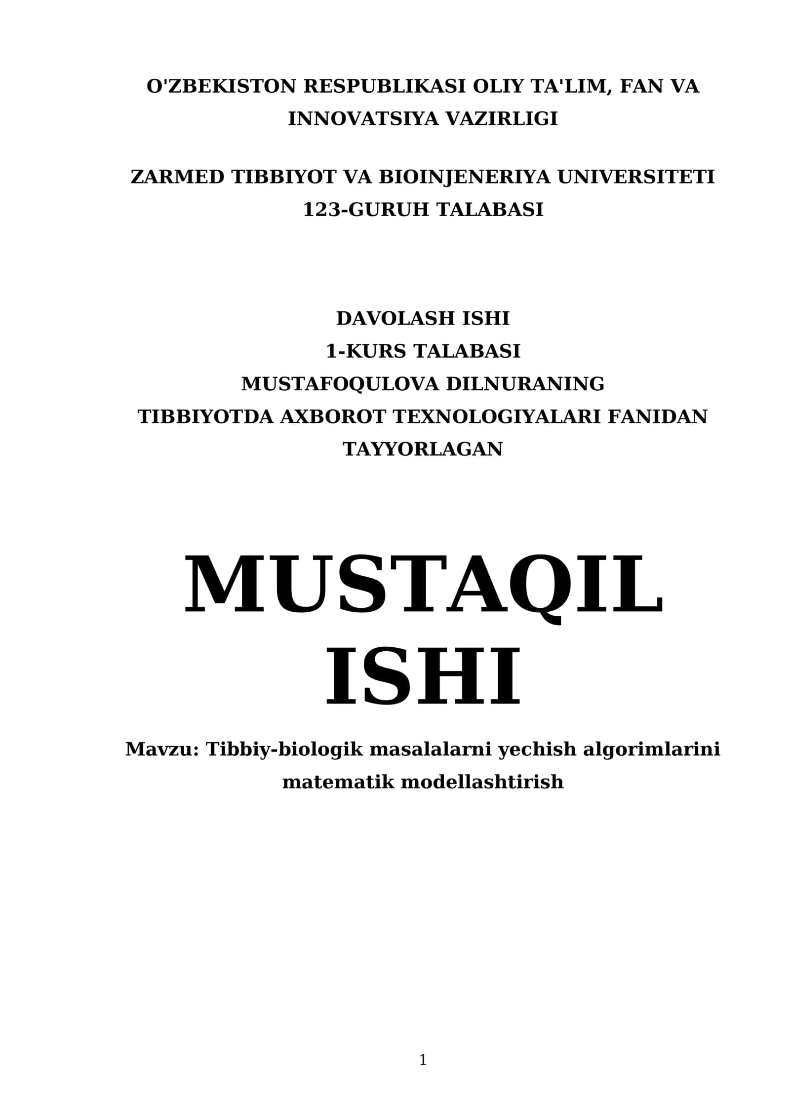 Tibbiy-biologik masalalarni yechish algorimlarini matematik modellashtirish