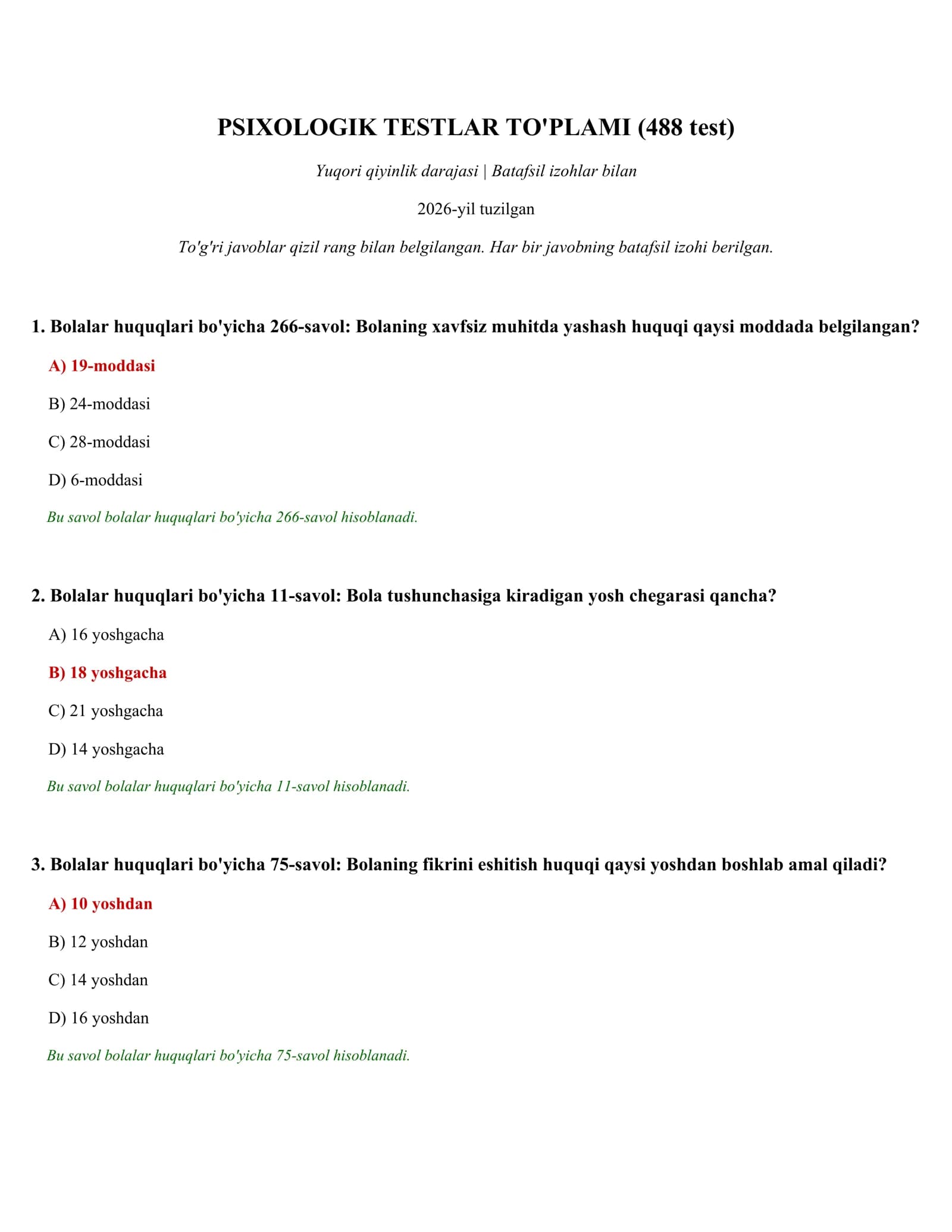 PSIXOLOGIK TESTLAR TO'PLAMI (488 test)