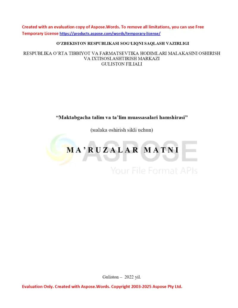 Maktabgacha ta'lim va ta'lim muassasalari hamshirasi (malaka oshirish sikli uchun) ma’ruza matni