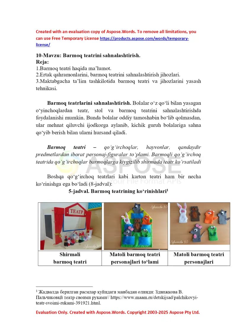 Barmoq teatrini sahnalashtirish