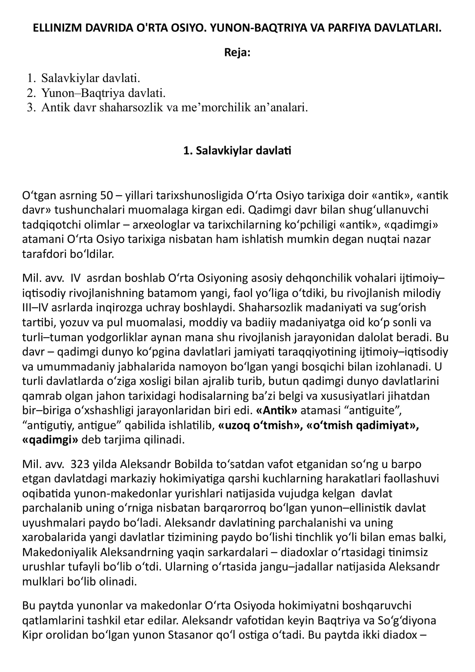 ELLINIZM DAVRIDA O'RTA OSIYO. YUNON-BAQTRIYA VA PARFIYA DAVLATLARI