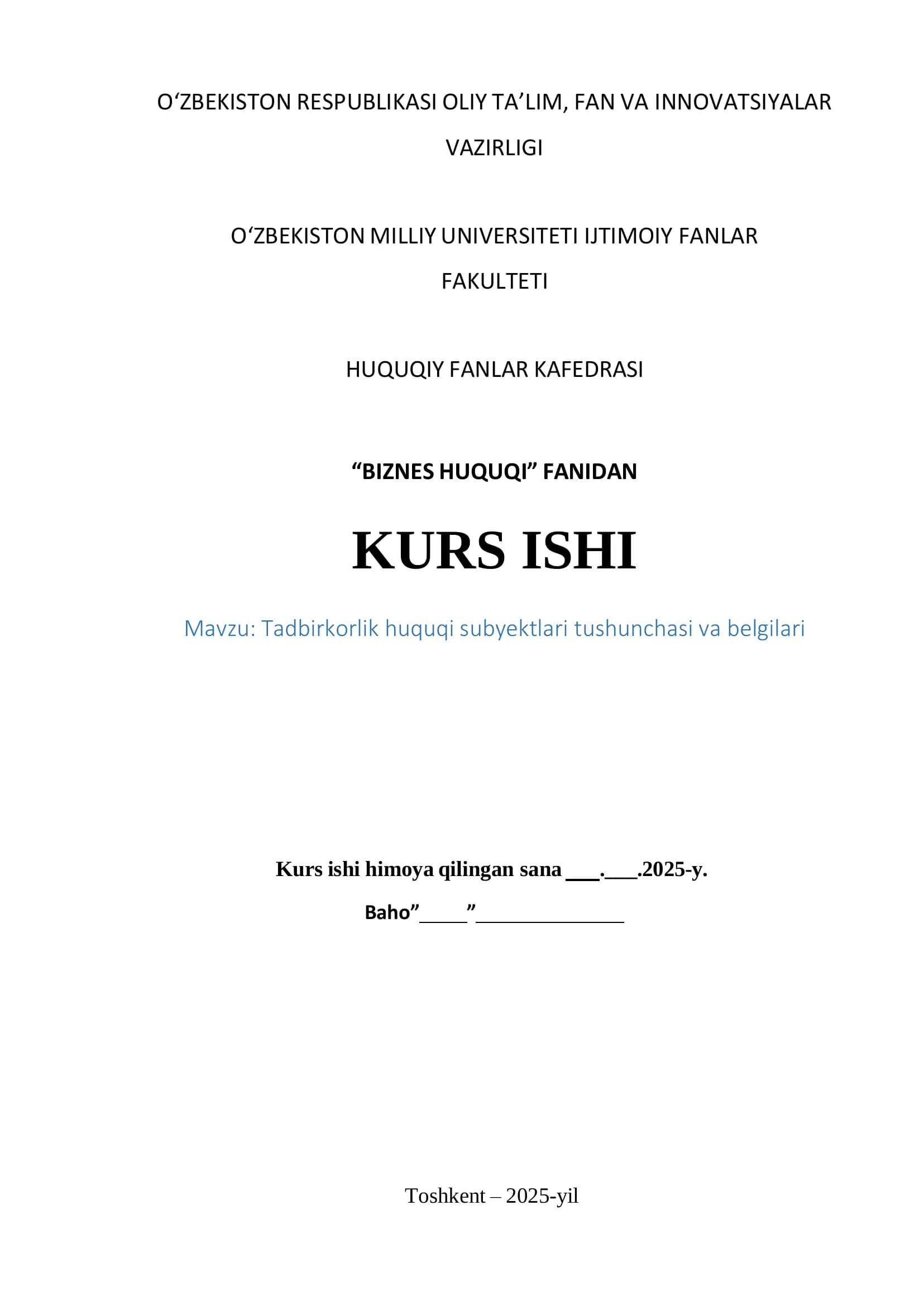 Tadbirkorlik huquqi subyektlari tushunchasi va belgilari
