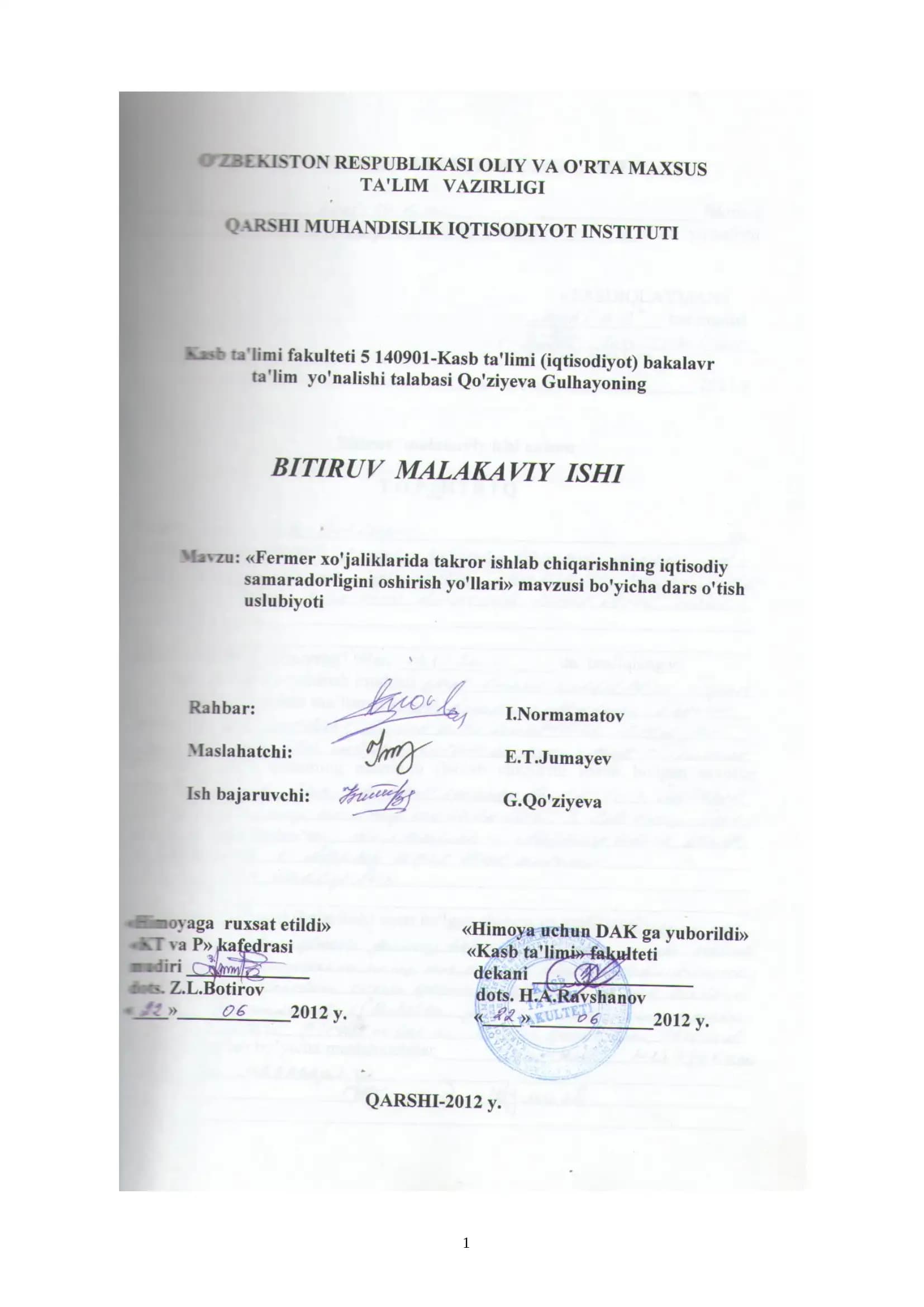 Fermer xo‘jaliklarida takror ishlab chiqarishning iqtisodiy samaradorligini oshirish yo‘llari