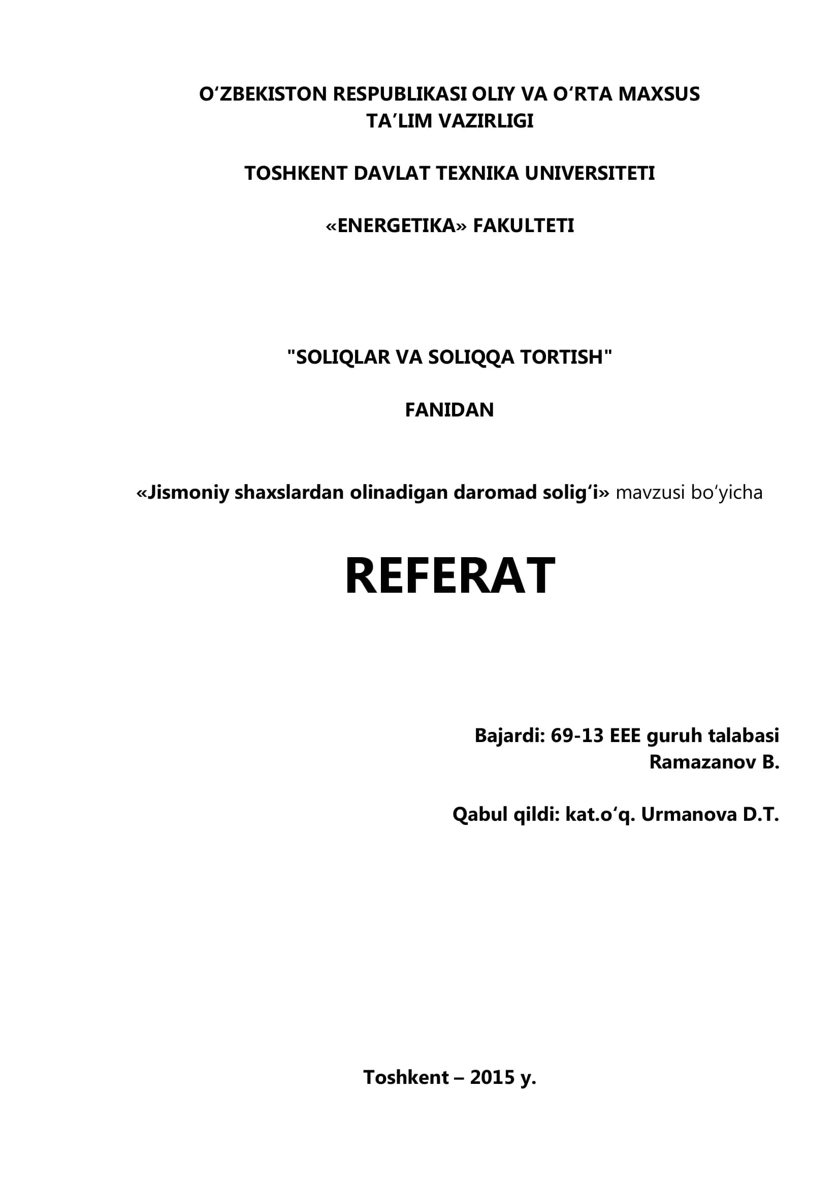 "Jismоniy shaхslardan olinadigan darоmad sоlig‘i" REFERAT
