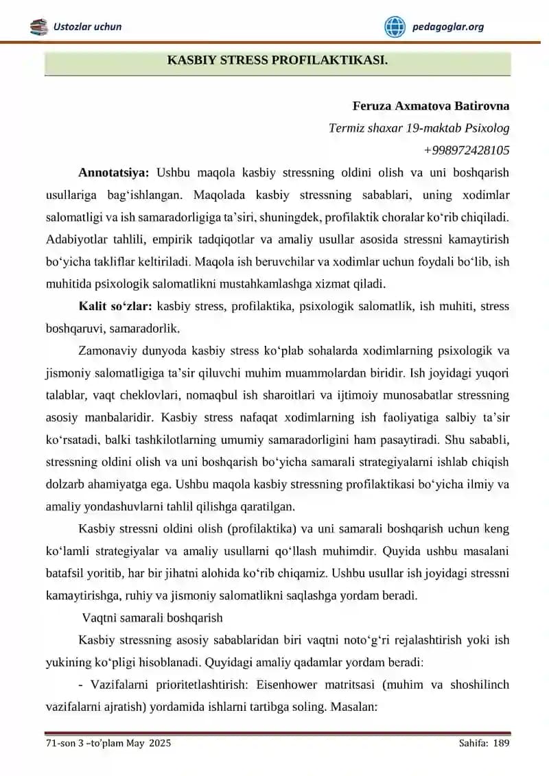 KASBIY STRESS PROFILAKTIKASI