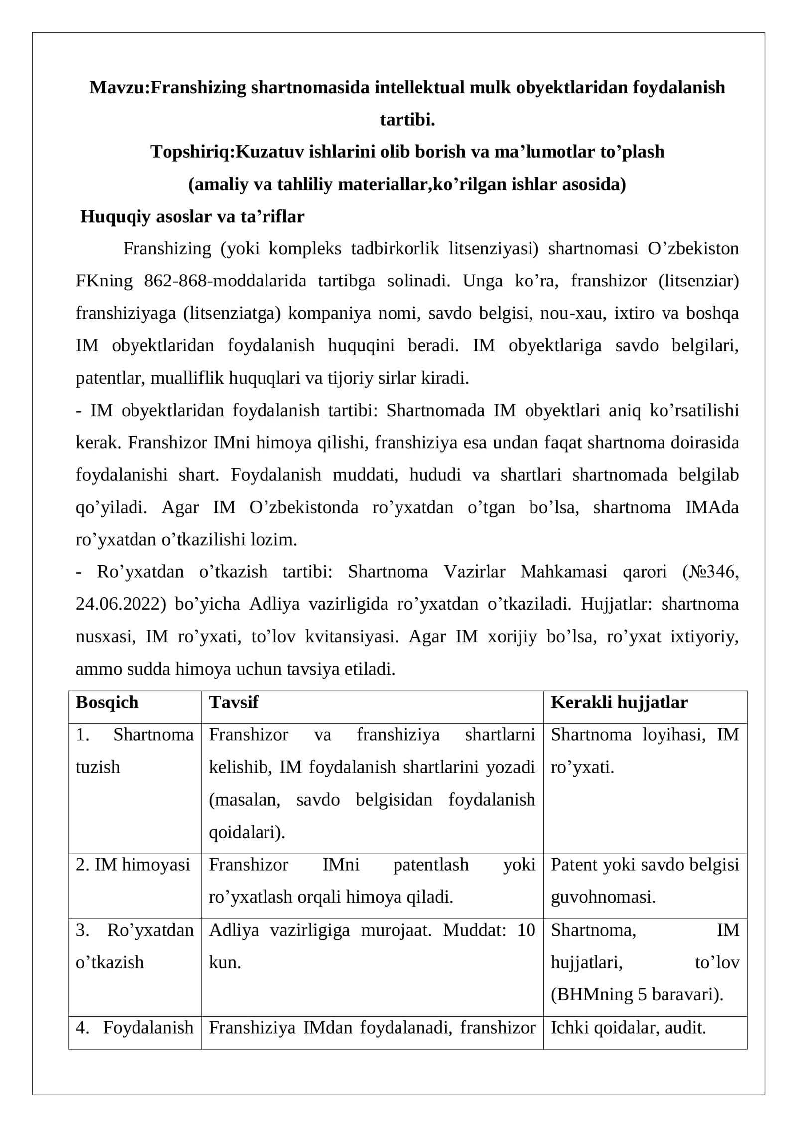Franshizing shartnomasida intellektual mulk obyektlaridan foydalanish tartibi
