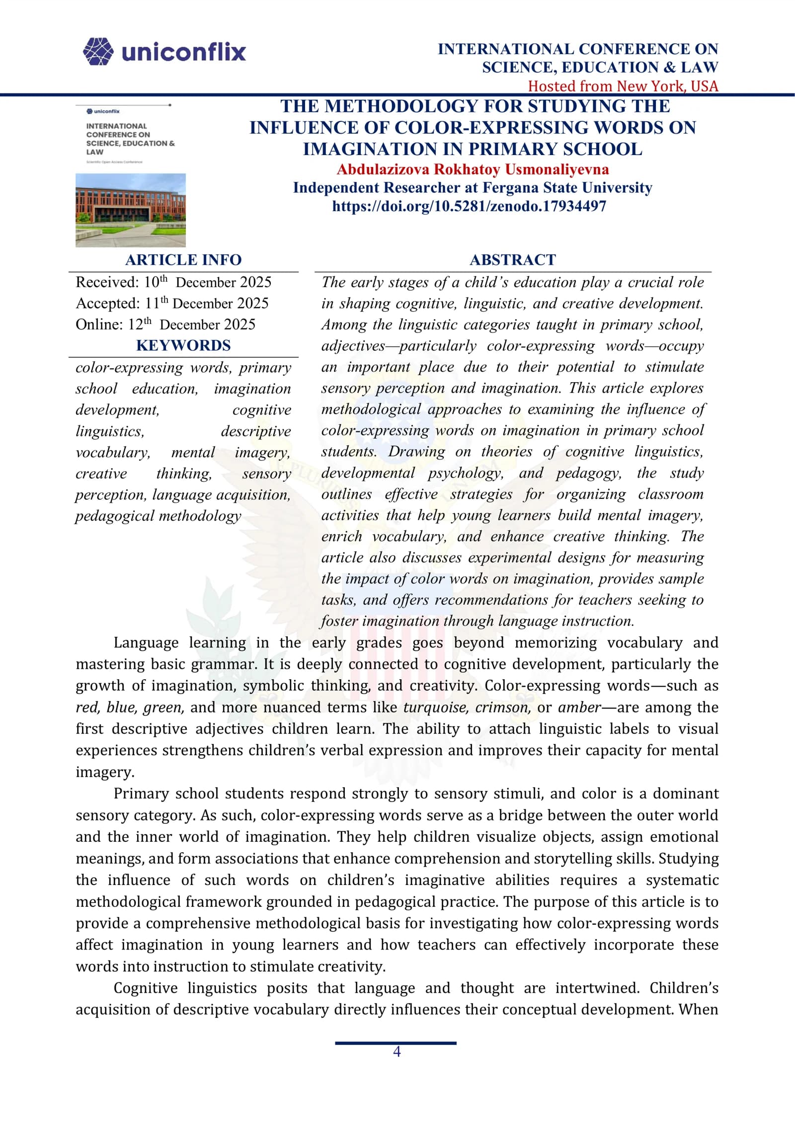 THE METHODOLOGY FOR STUDYING THE INFLUENCE OF COLOR-EXPRESSING WORDS ON IMAGINATION IN PRIMARY SCHOOL