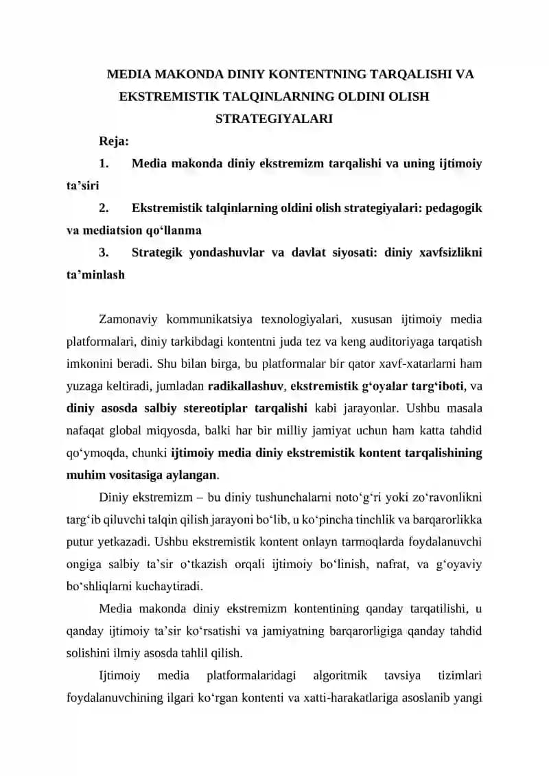 MEDIA MAKONDA DINIY KONTENTNING TARQALISHI VA EKSTREMISTIK TALQINLARNING OLDINI OLISH STRATEGIYALARI