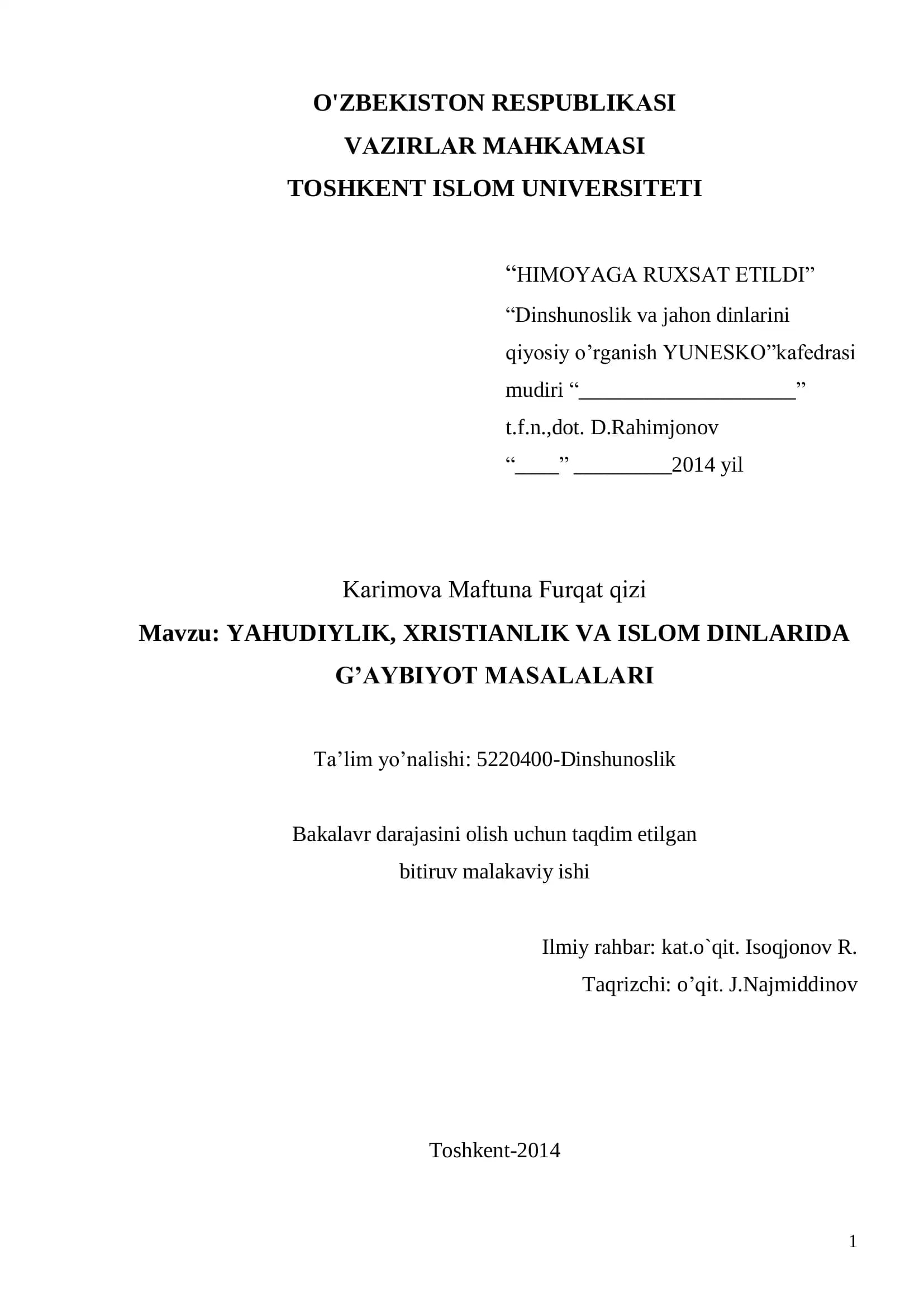 YAHUDIYLIK, XRISTIANLIK VA ISLOM DINLARIDA G’AYBIYOT MASALALARI