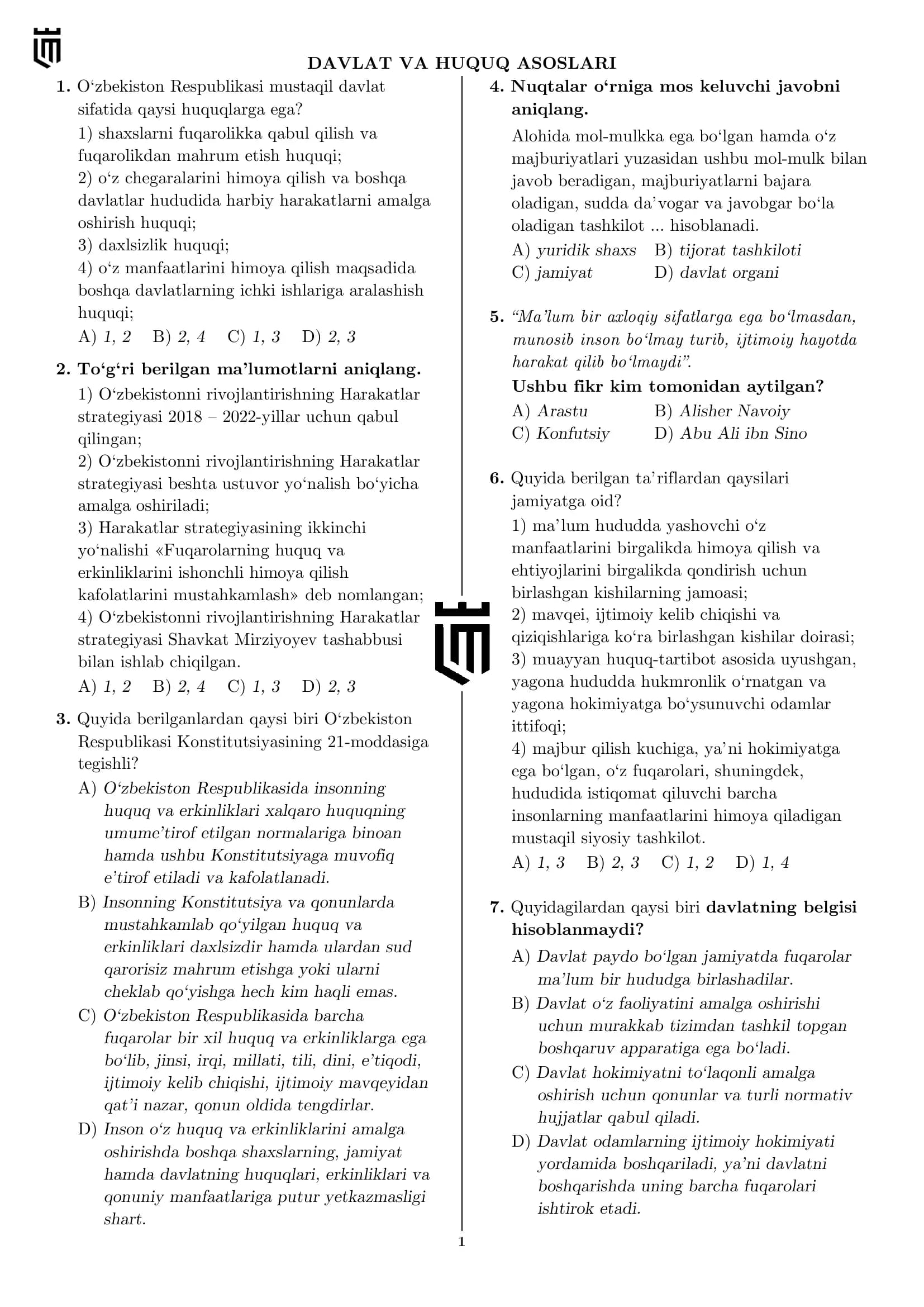 DAVLAT VA HUQUQ ASOSLARI