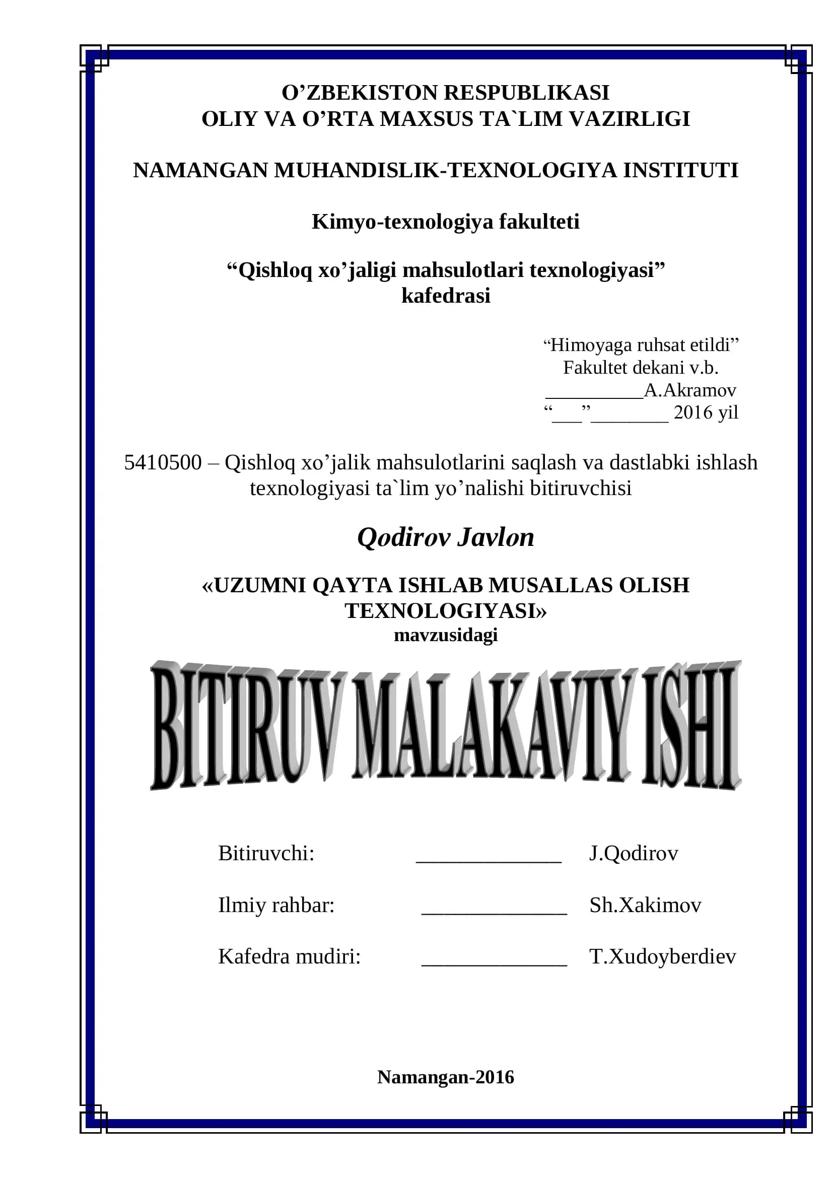 UZUMNI QAYTA ISHLAB MUSALLAS OLISH TEXNOLOGIYASI
