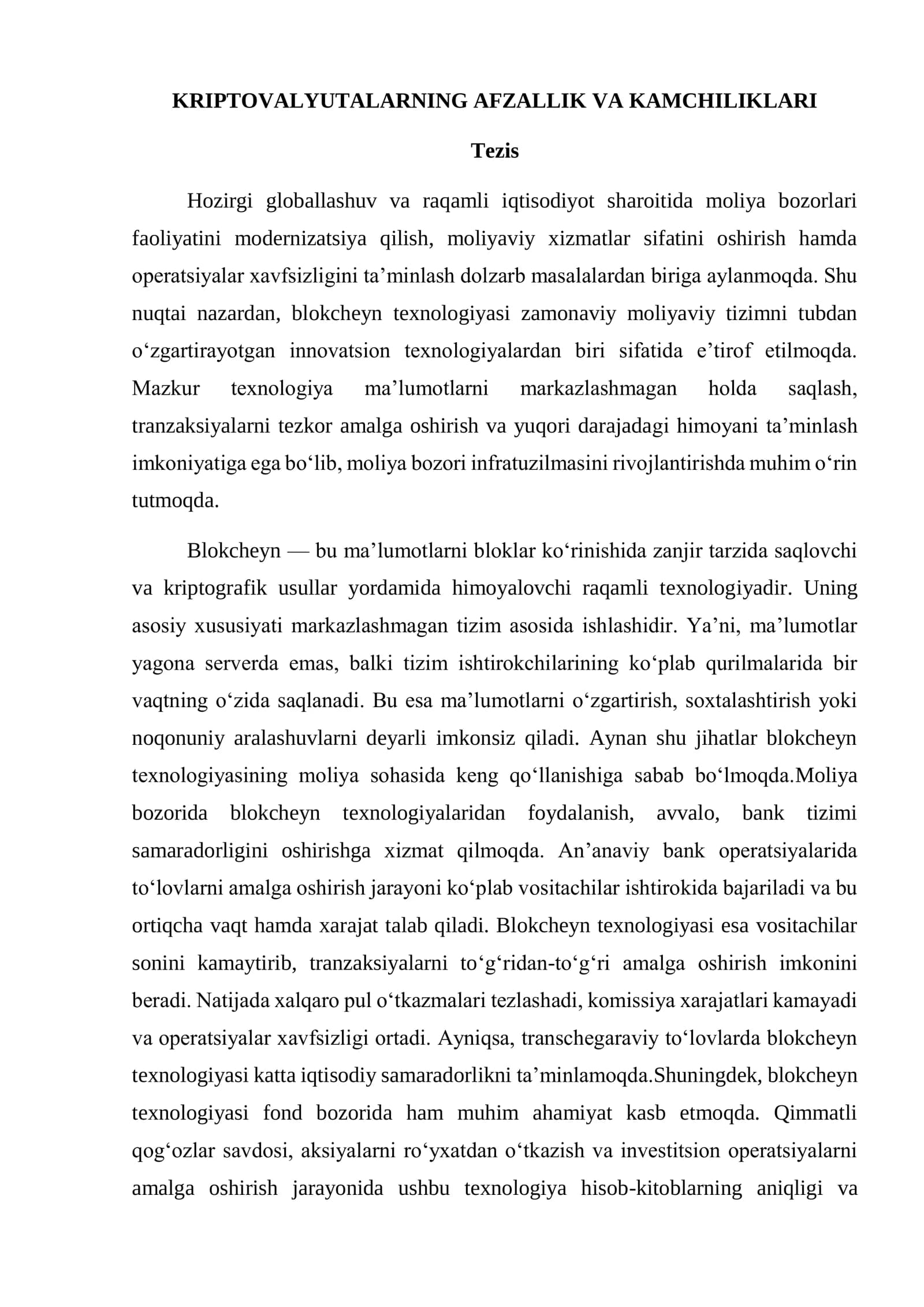 KRIPTOVALYUTALARNING AFZALLIK VA KAMCHILIKLARI
