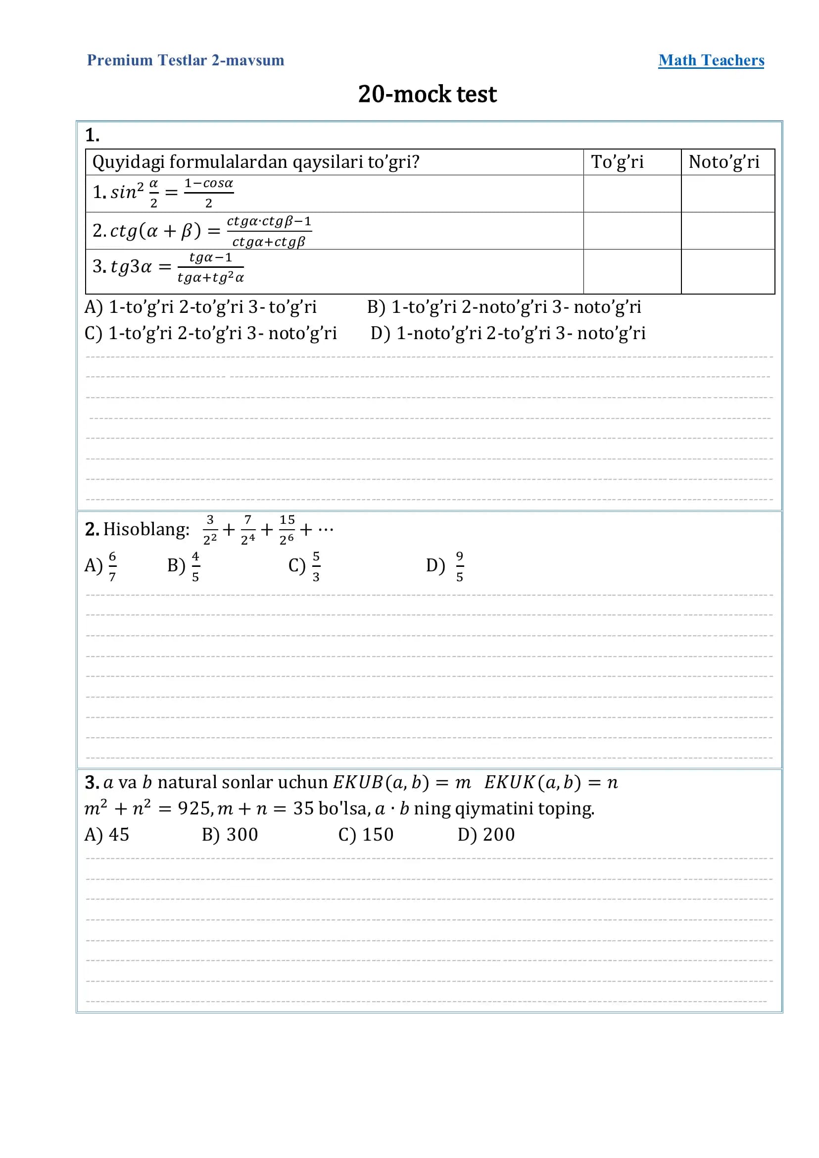 Premium Testlar 2-mavsum Math Teachers