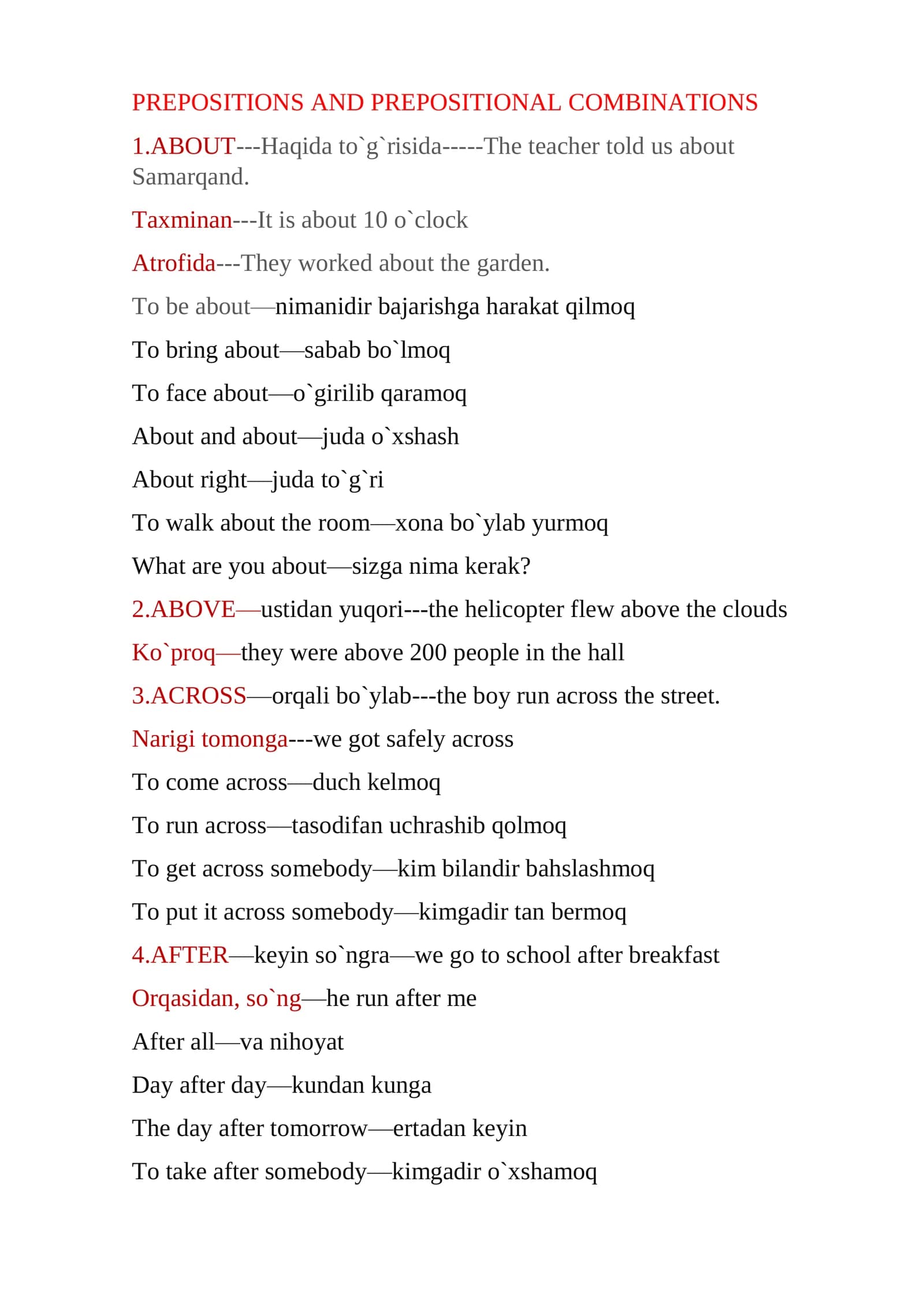 PREPOSITIONS AND PREPOSITIONAL COMBINATIONS
