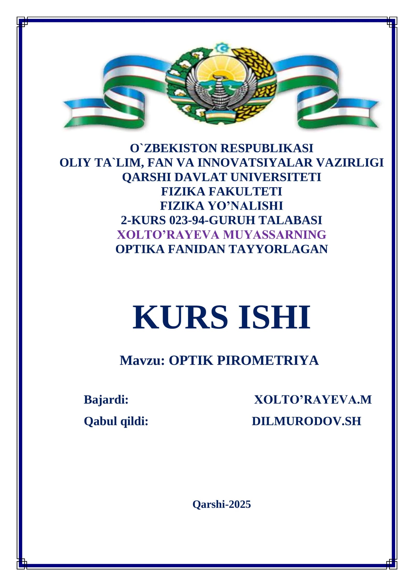 OPTIK PIROMETRIYA mavzusida tayyor kurs ishi