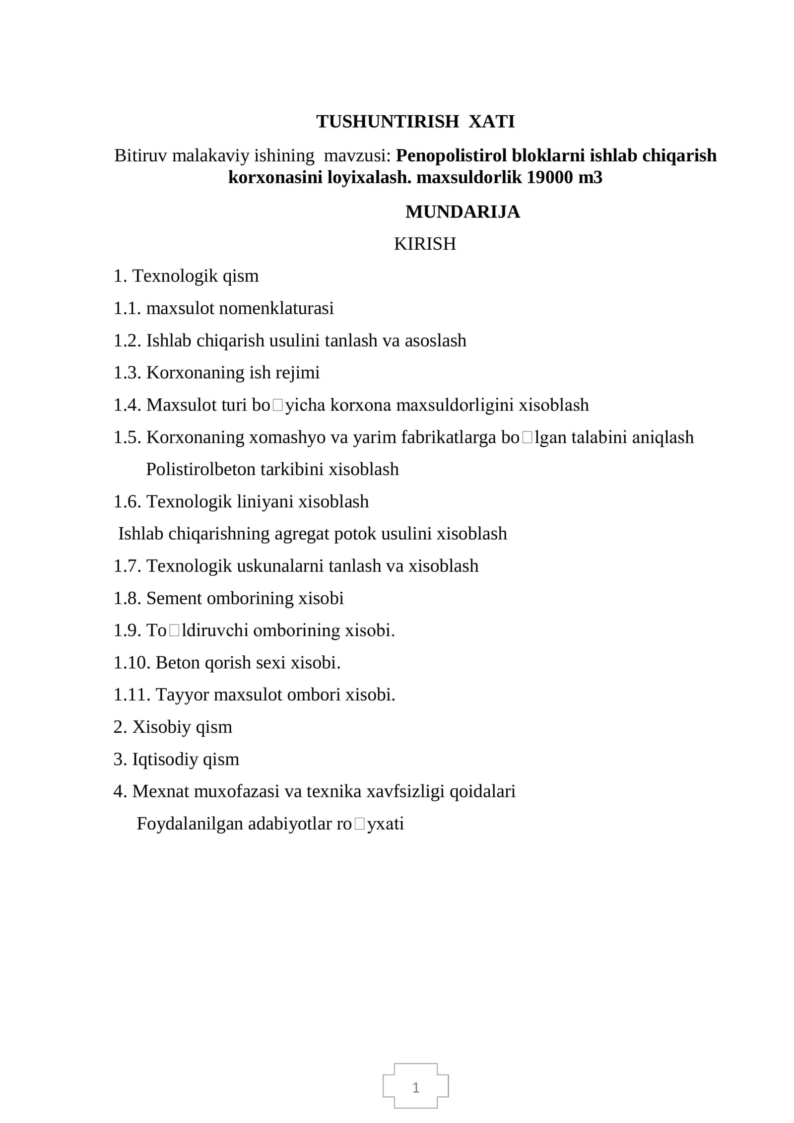 Penopolistirol bloklarni ishlab chiqarish korxonasini loyixalash