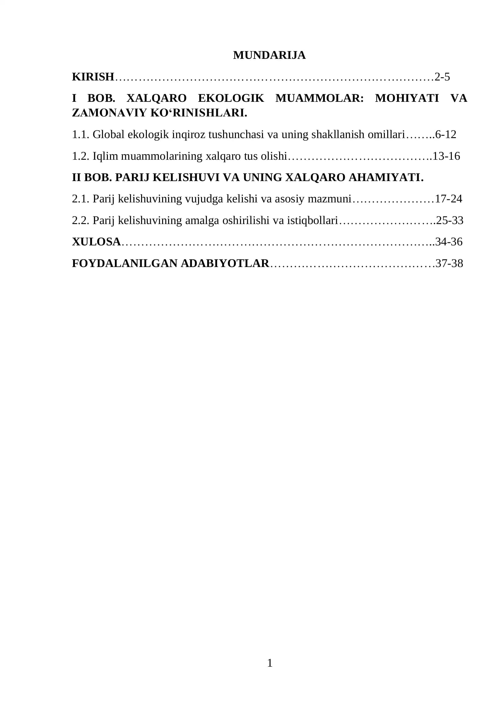 Global Ekologik Muammolar va Parij kelishuvi