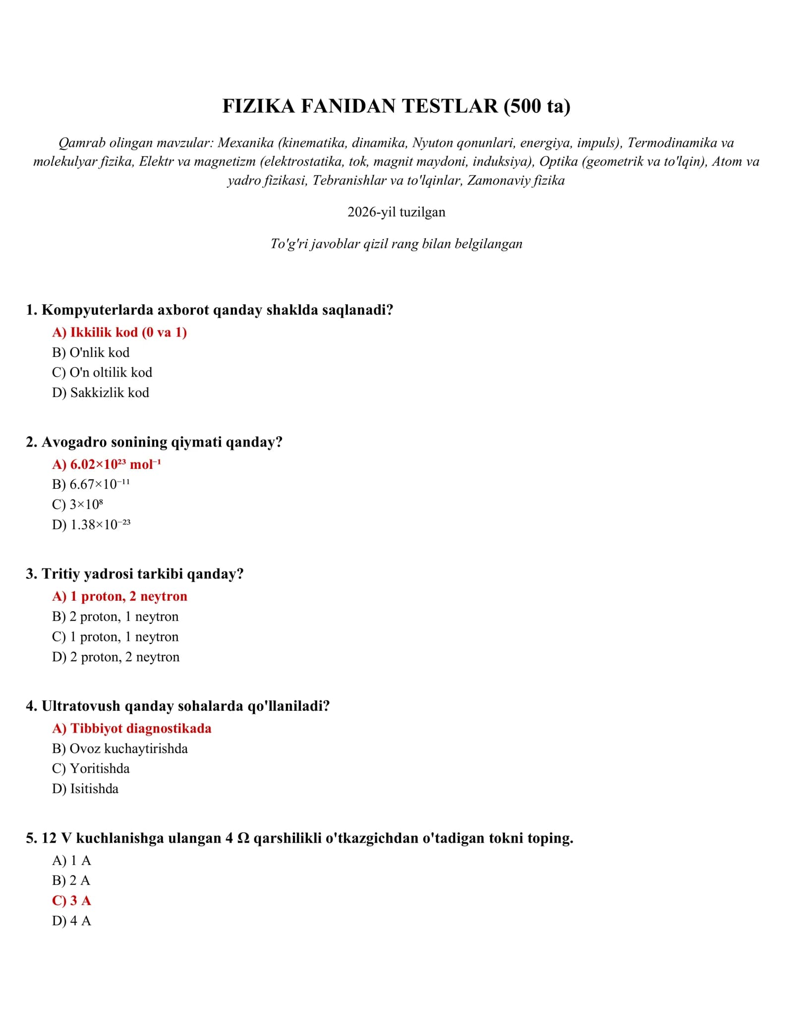 FIZIKA FANIDAN TESTLAR (500 ta)