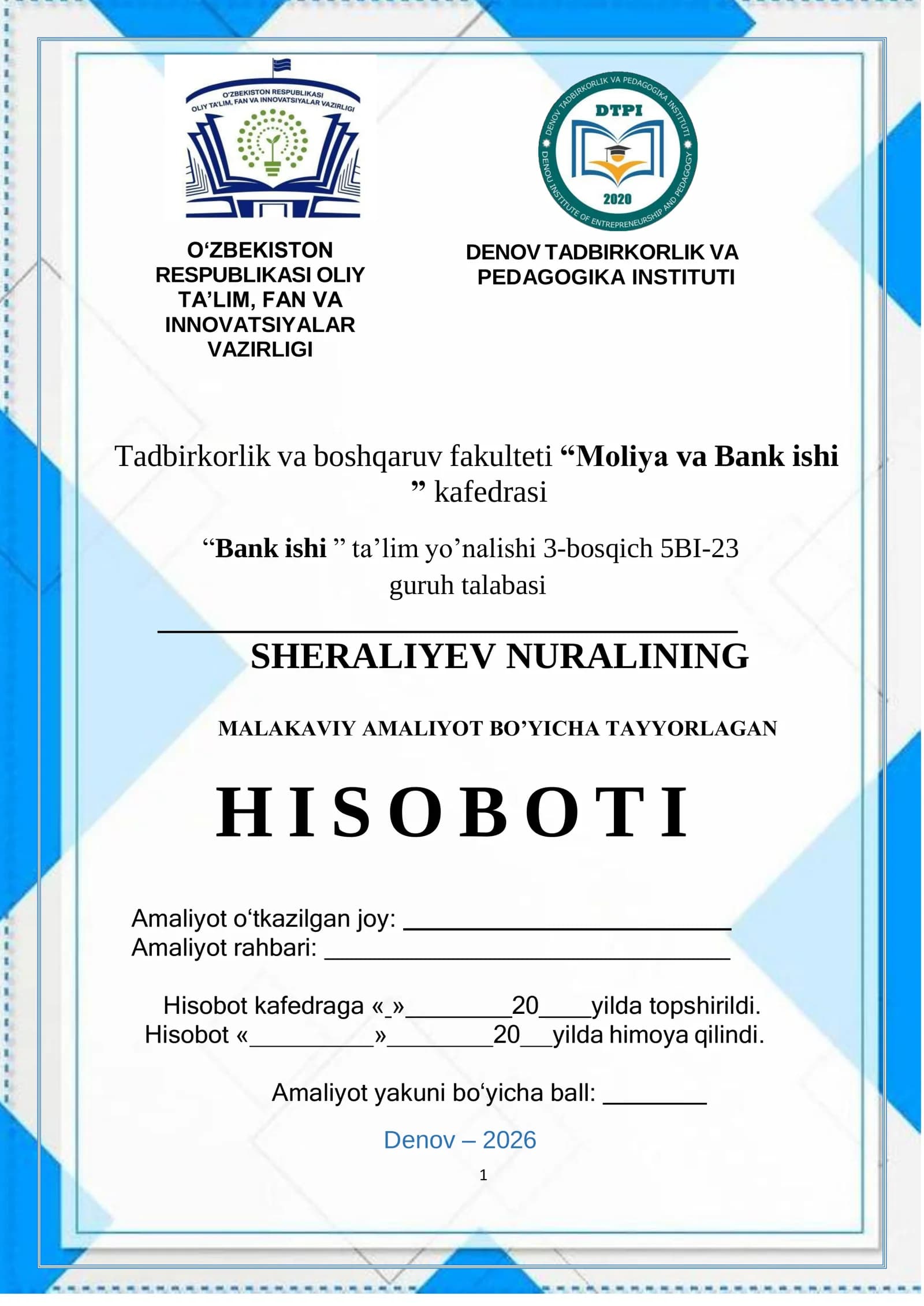“O'zmilliybank AJ” haqida umumiy malumot va uning tashkil etilishi DENOV FILIALI