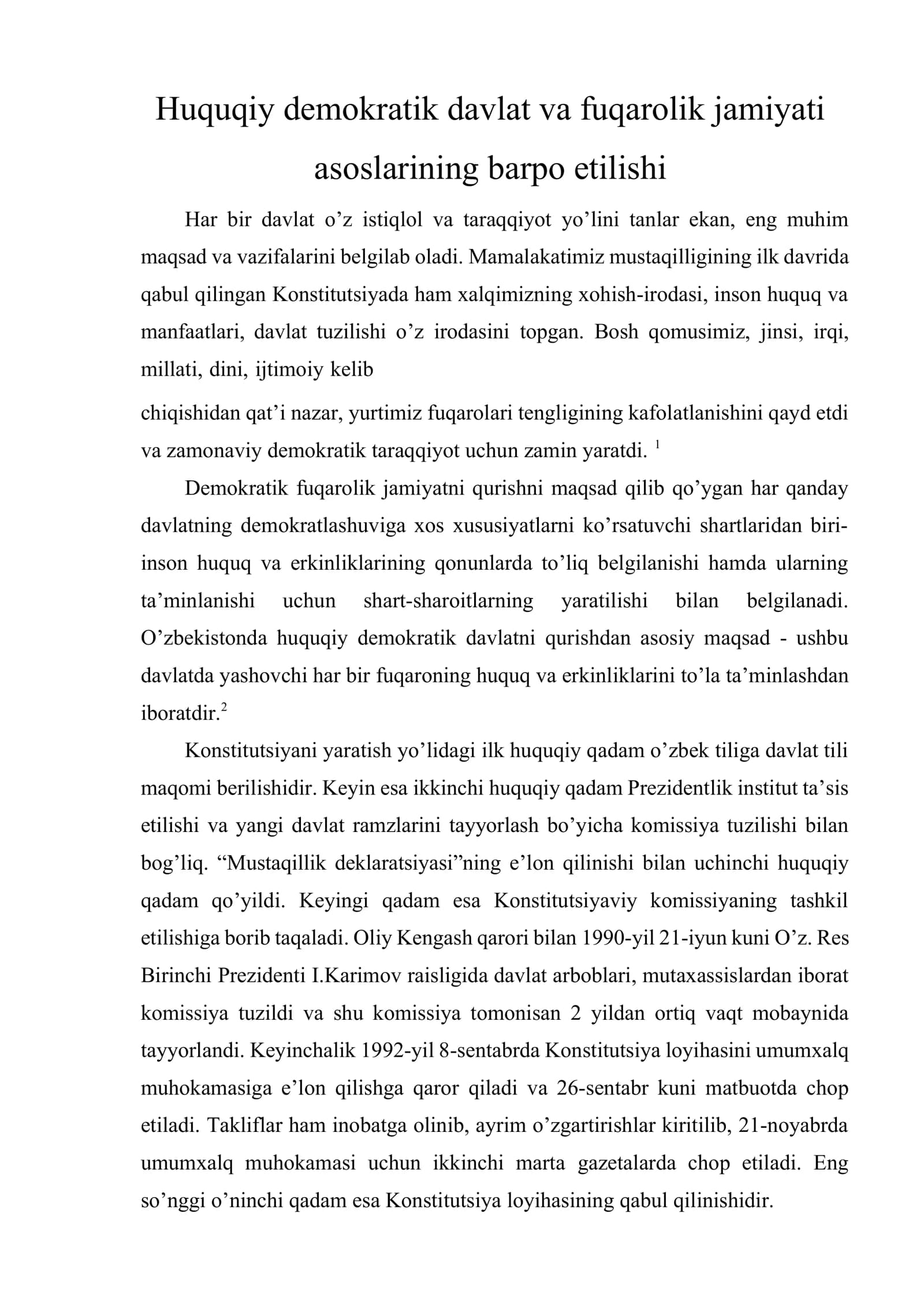 Huquqiy demokratik davlat va fuqarolik jamiyati asoslarining barpo etilishi