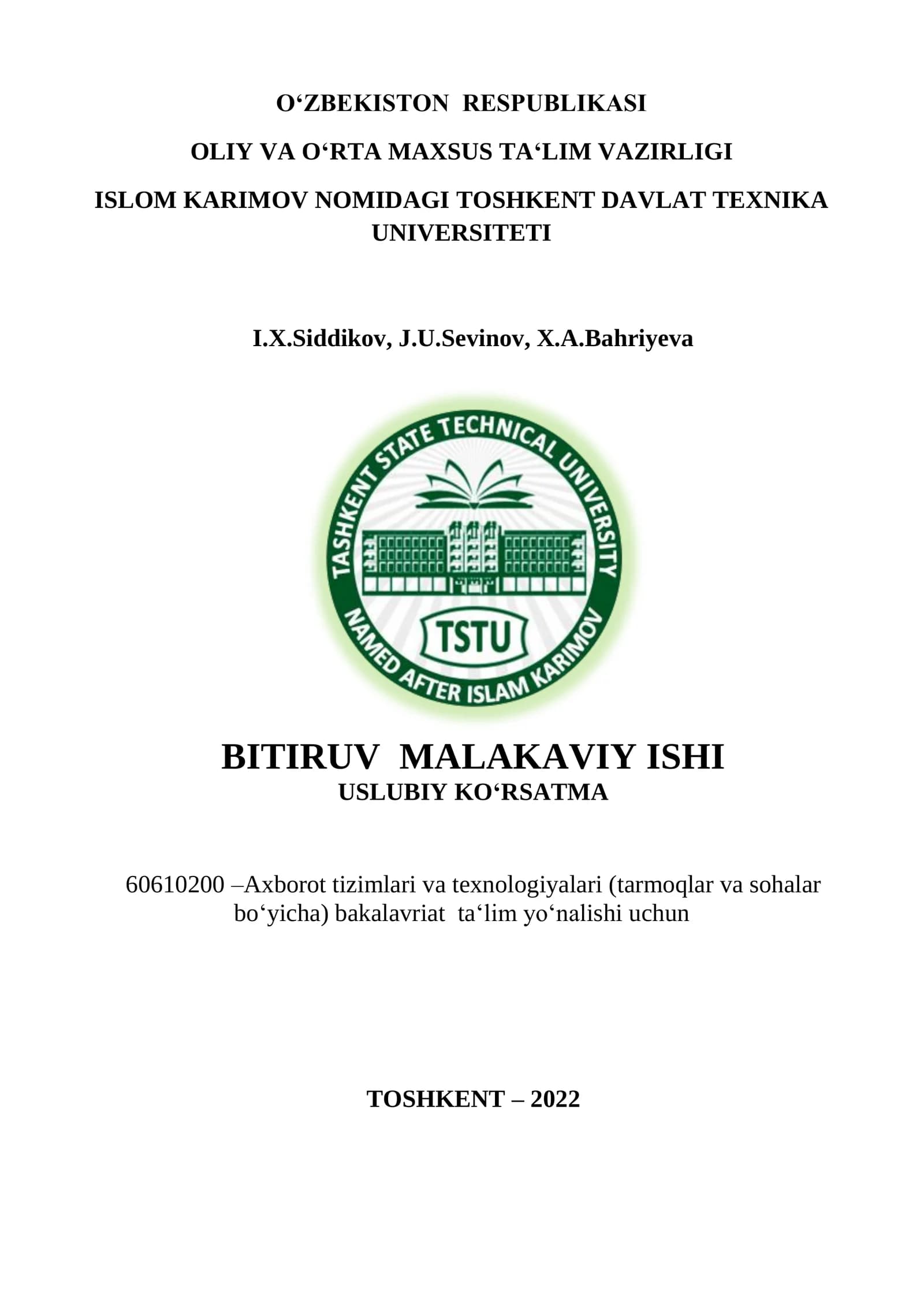 BITIRUV MALAKAVIY ISHI USLUBIY KO'RSATMA