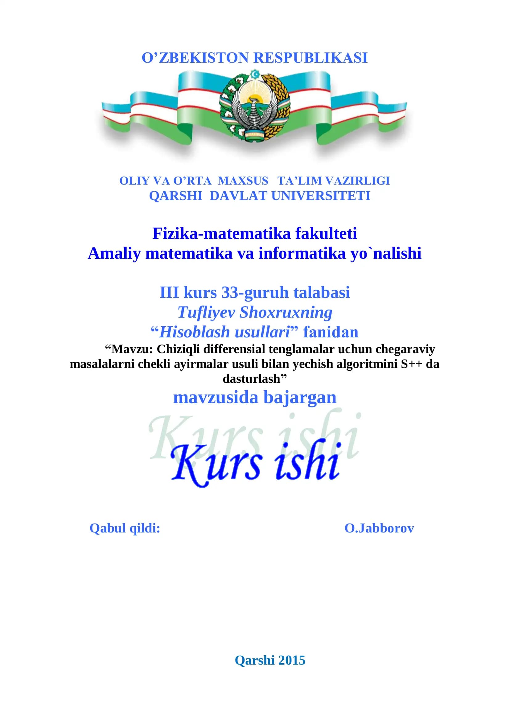 Chiziqli differensial tenglamalar uchun chegaraviy masalalarni chekli ayirmalar usuli bilan yechish algoritmi
