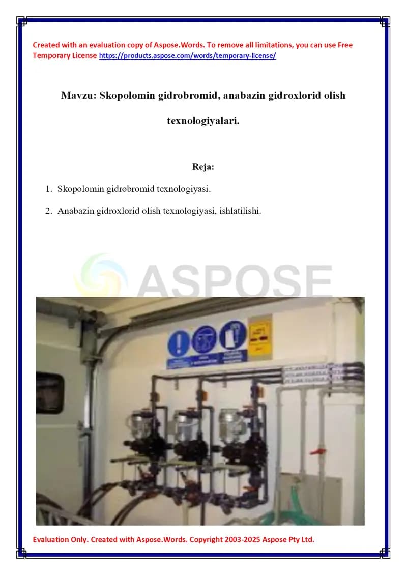 Skopolomin gidrobromid, anabazin gidroxlorid olish texnologiyalari.