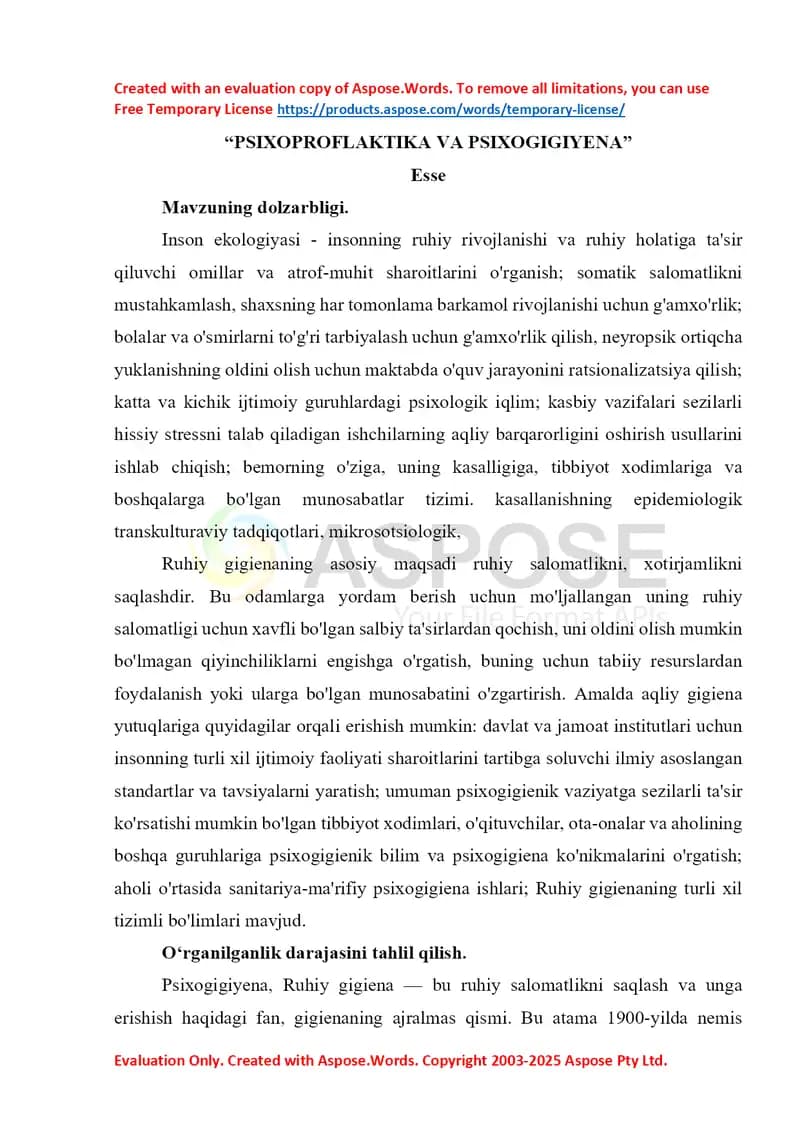 PSIXOPROFLAKTIKA VA PSIXOGIGIYENA