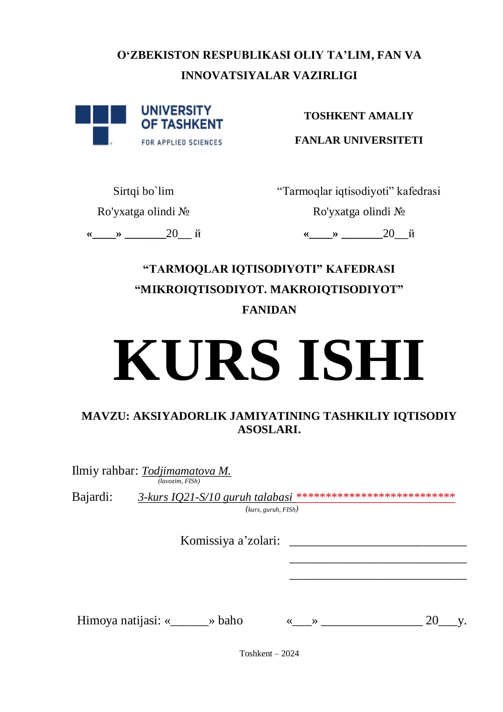 Kurs ishi AKSIYADORLIK JAMIYATINING TASHKILIY IQTISODIY  ASOSLARI.