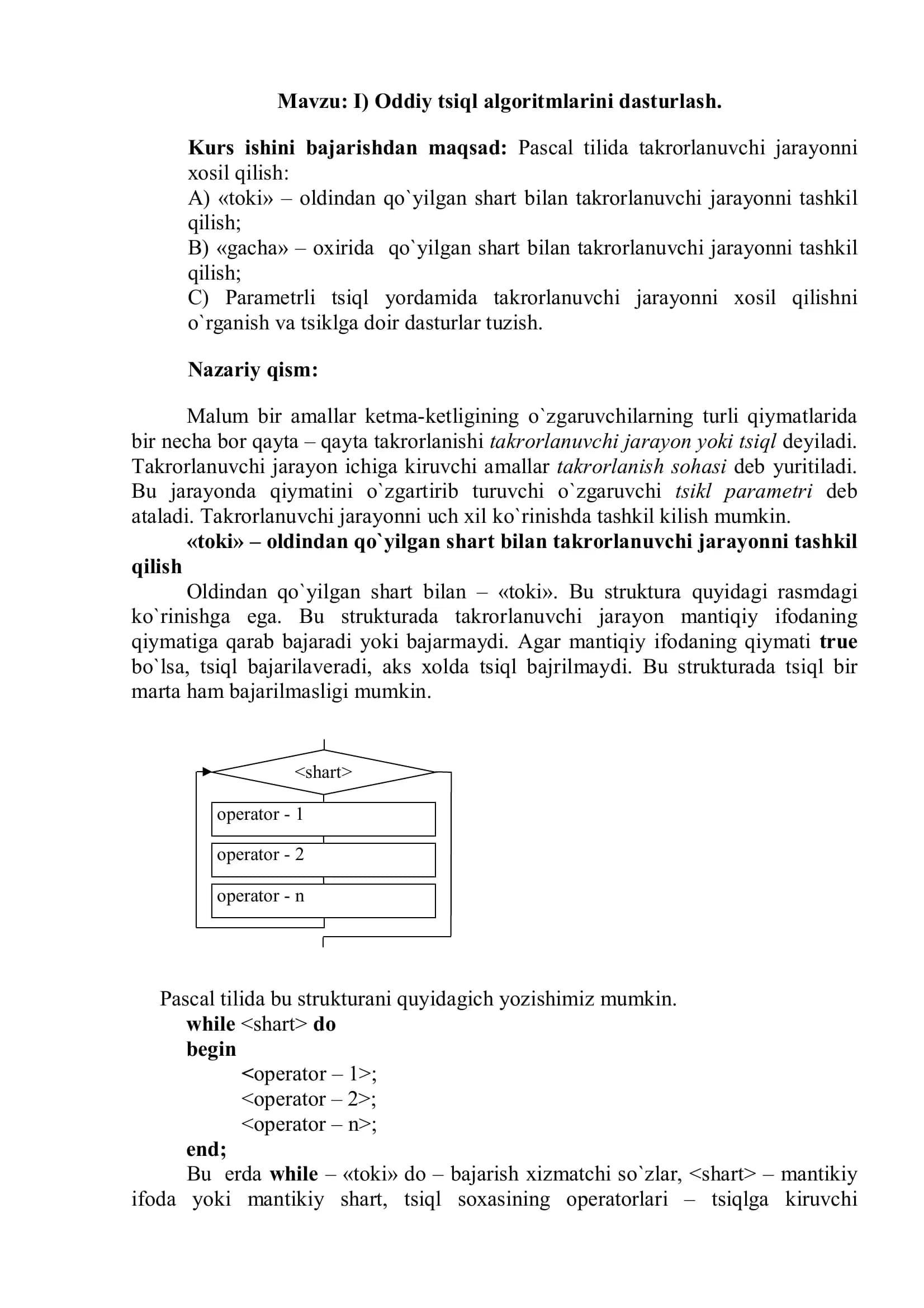 Оddiy tsiql algоritmlarini dasturlash