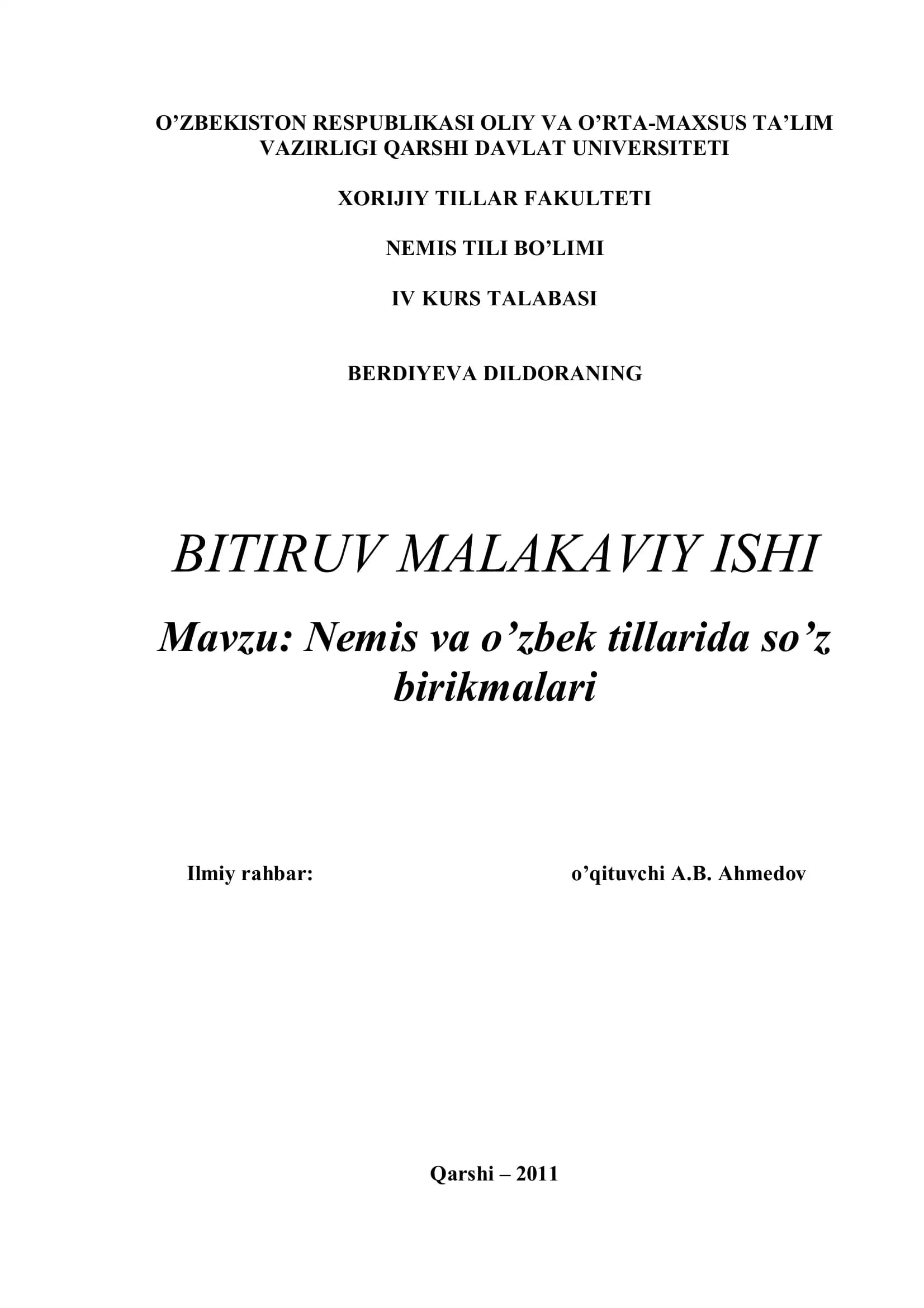 Nemis va o’zbek tillarida so’z birikmalari
