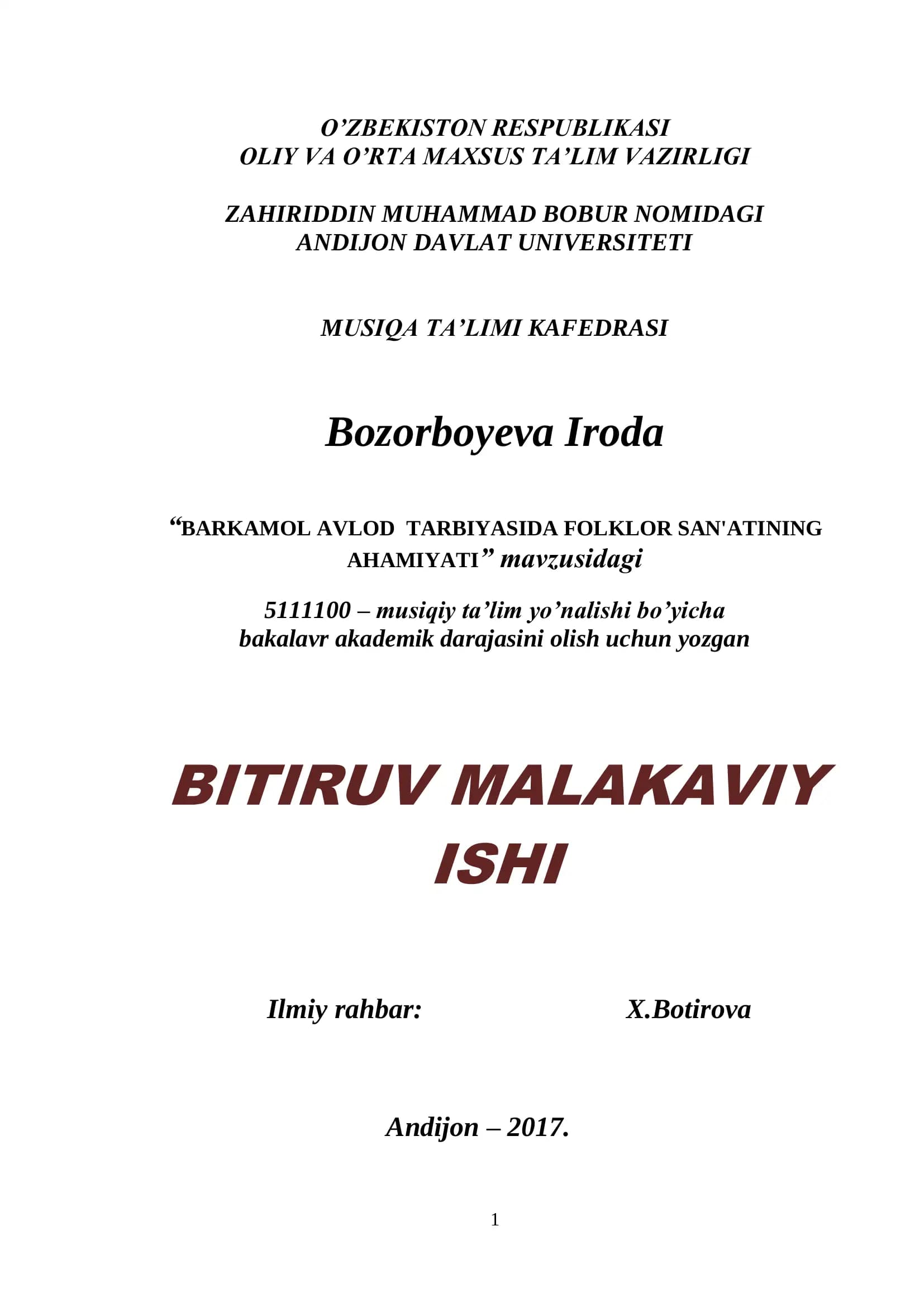 BARKAMOL AVLOD TARBIYASIDA FOLKLOR SAN'ATINING AHAMIYATI