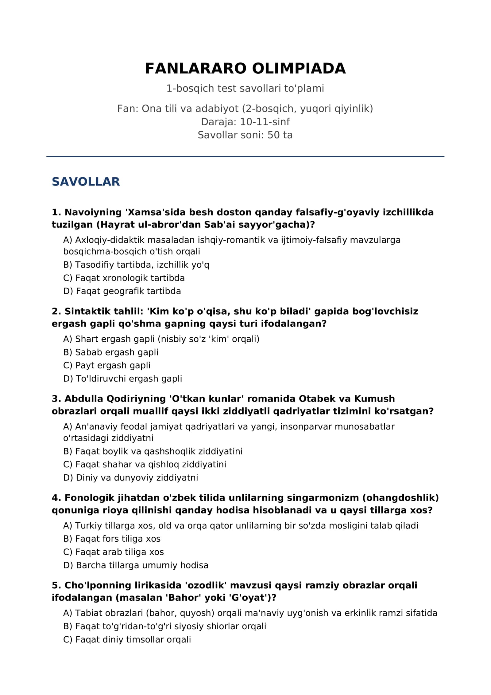 FANLARARO OLIMPIADA 2-bosqich test savollari to'plami