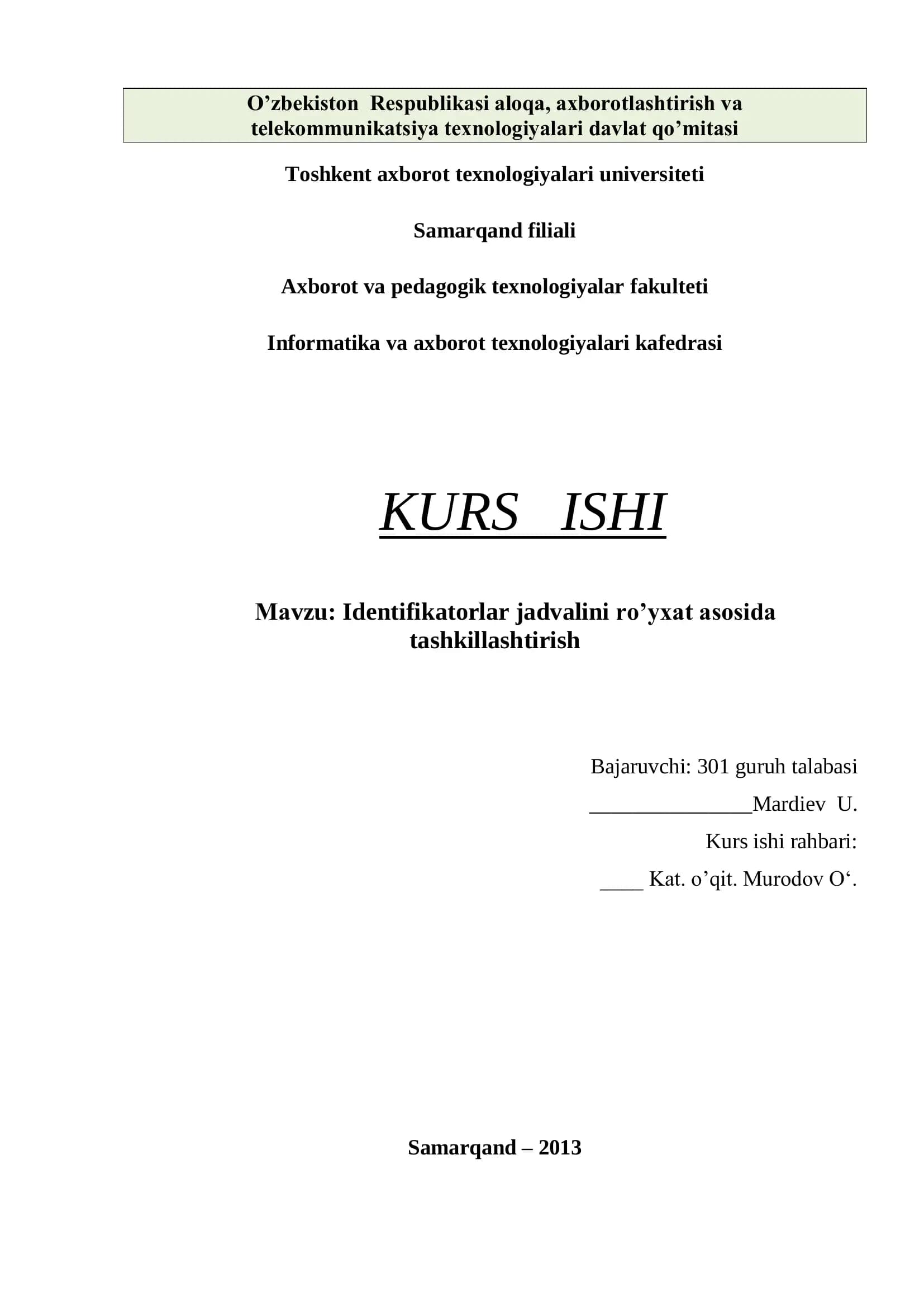 Identifikatorlar jadvalini ro’yxat asosida tashkillashtirish