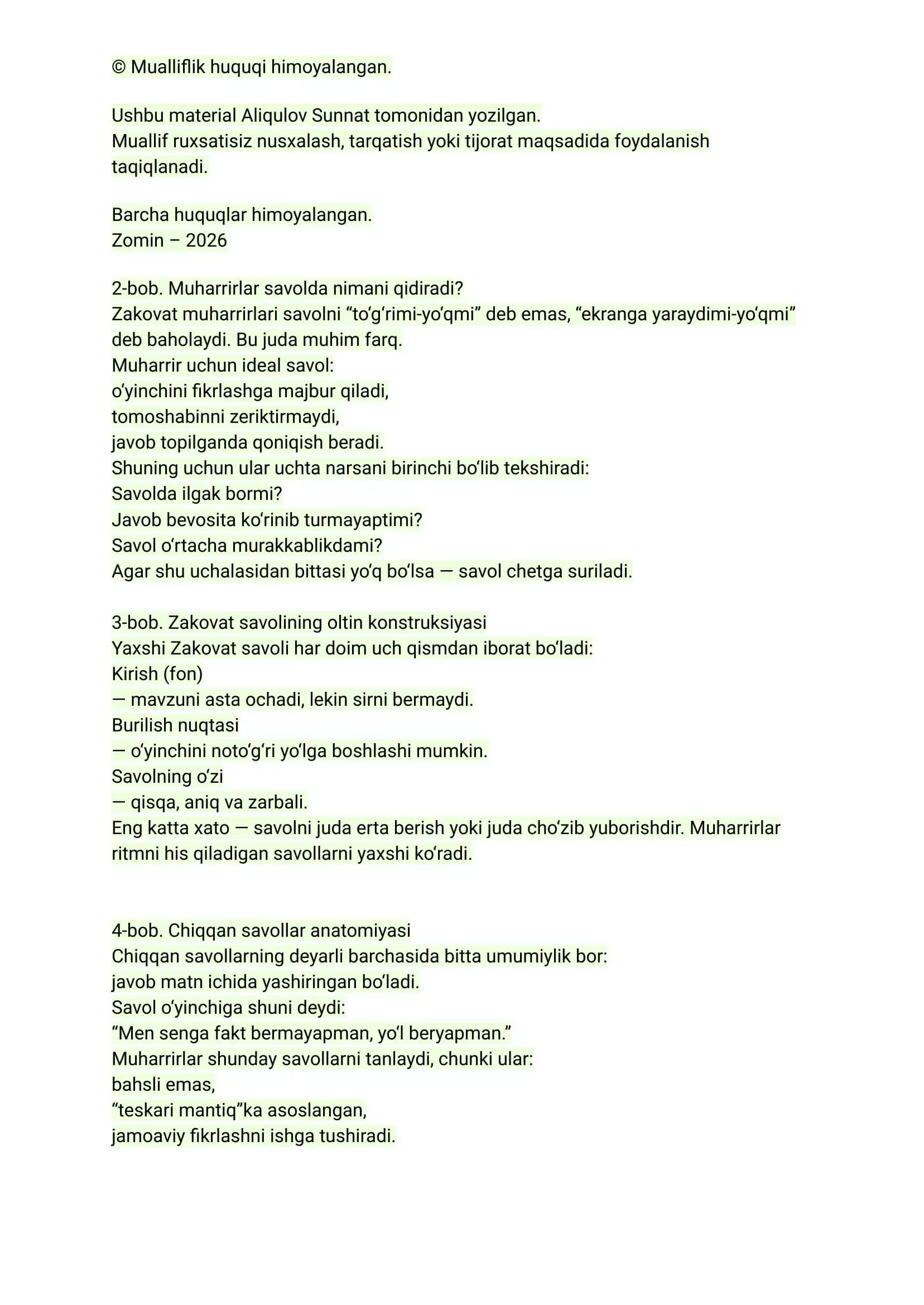 ZAKOVAT TELEO'YINIGA SAVOL YUBORISH SIRLARI