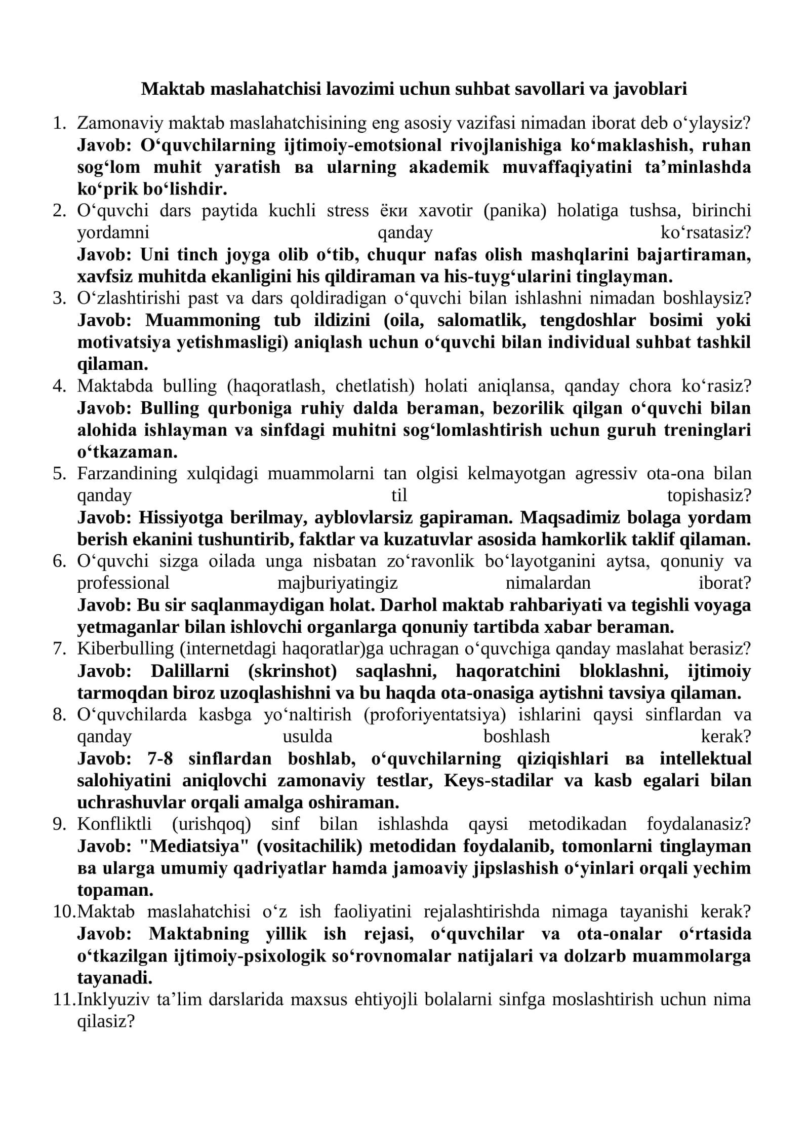 Maktab maslahatchisi lavozimi uchun suhbat savollari va javoblari 1-variant