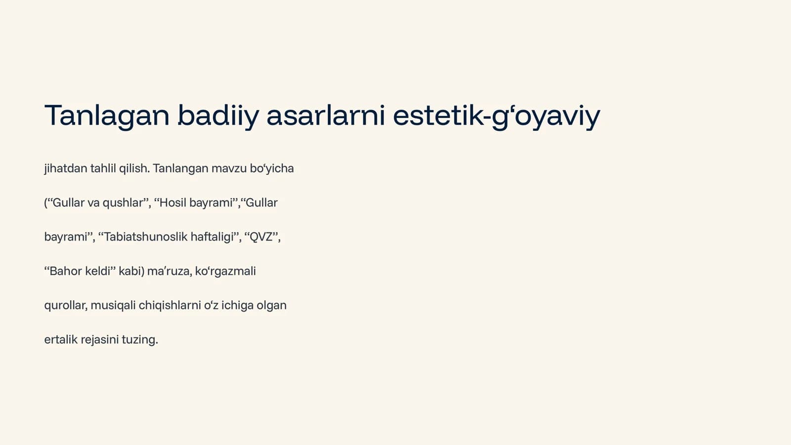 Tanlangan badiiy asarlarni estetik-g8oyaviy jihatdan tahlil qilish