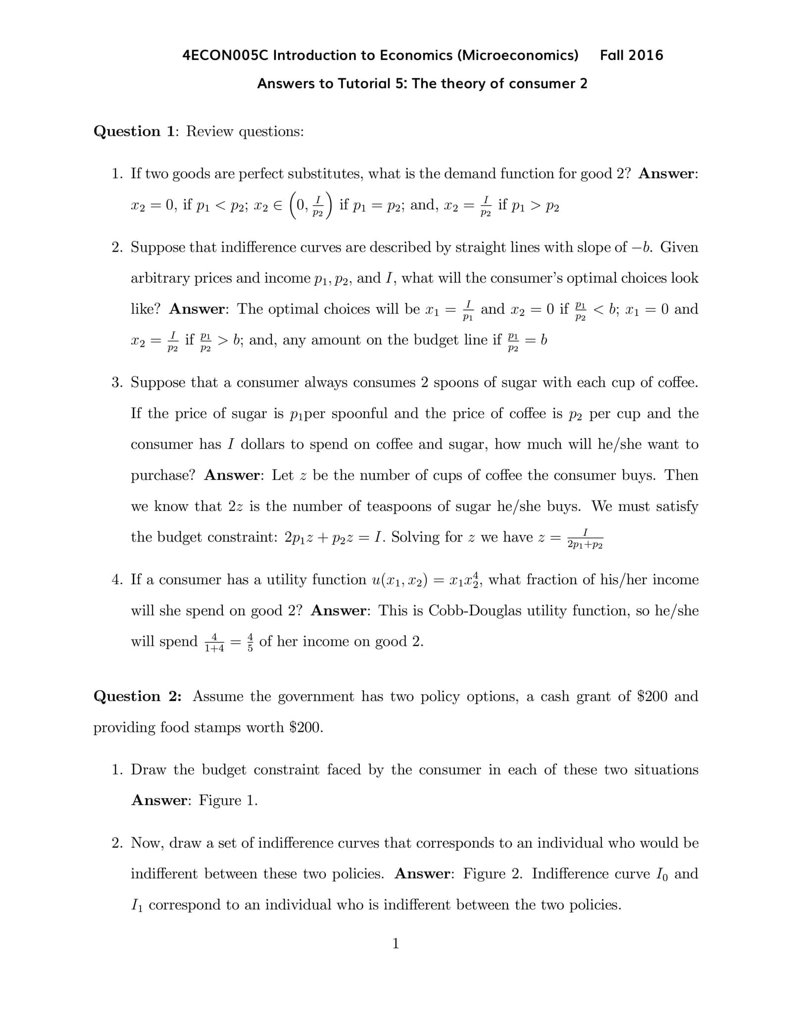 Answers to Tutorial 5: The theory of consumer 2