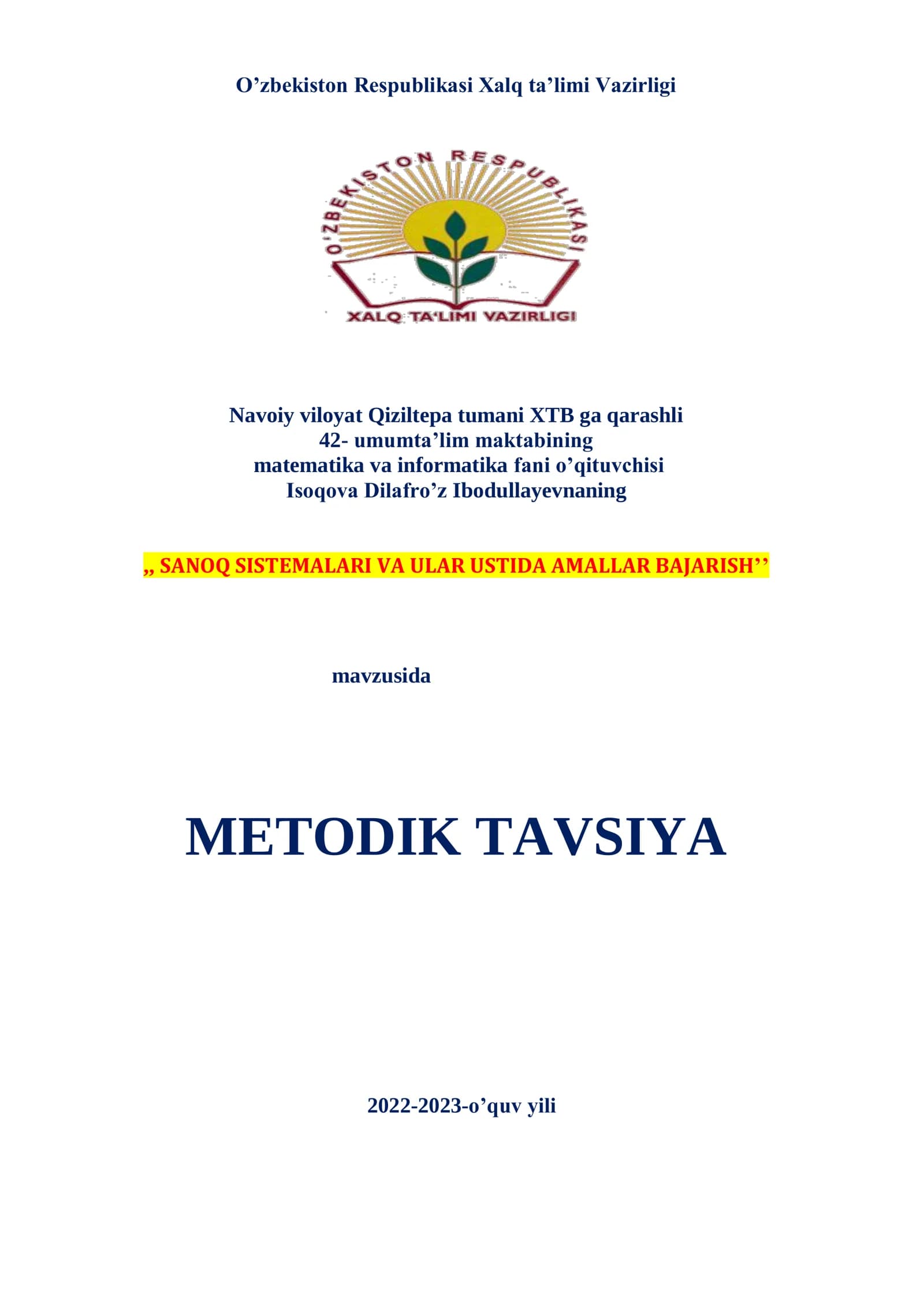 7-sinf Informatika fanidan Sanoq sistemalari va ular ustida amallar bajarish