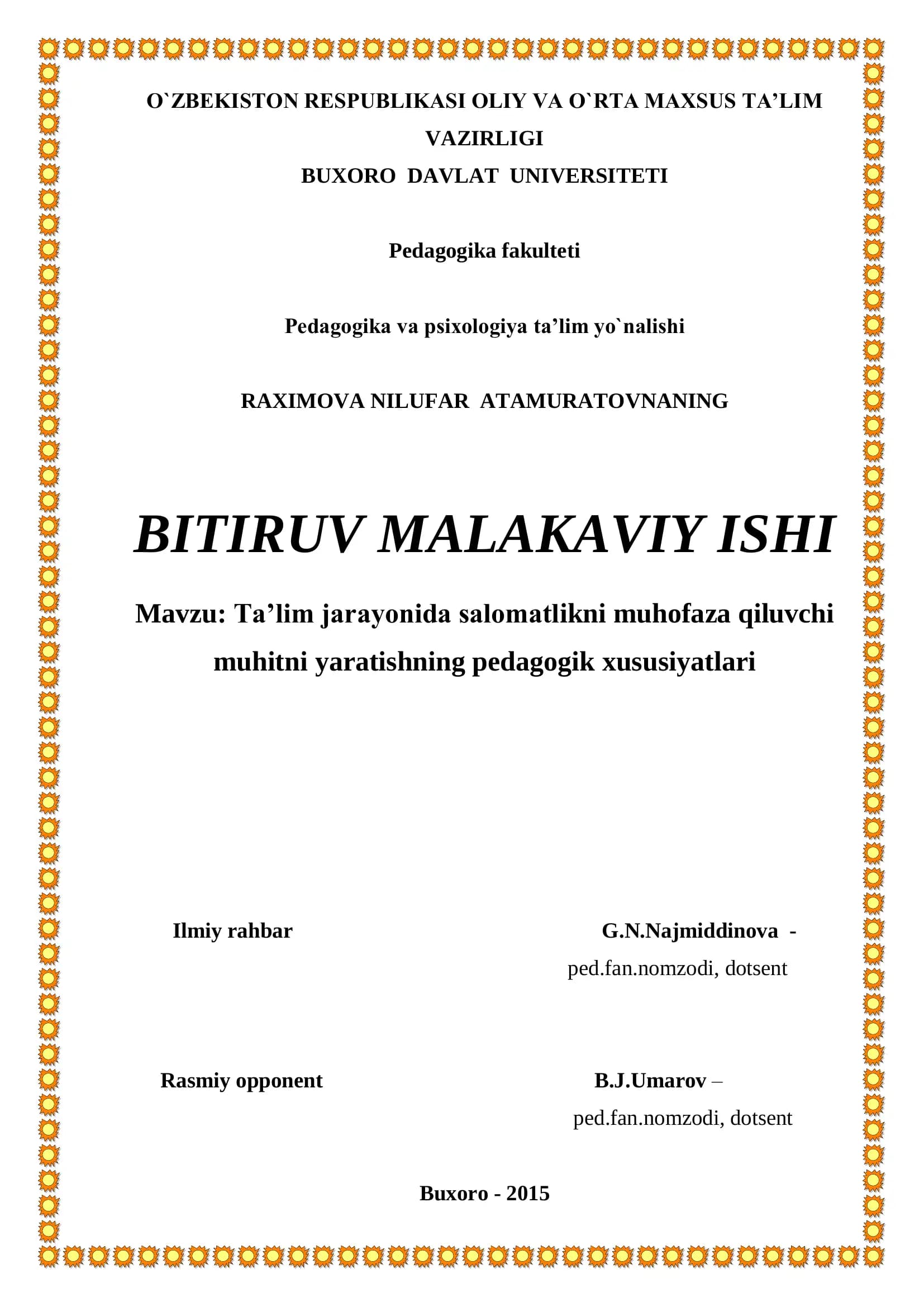 Ta’lim jarayonida salomatlikni muhofaza qiluvchi muhitni yaratishning pedagogik xususiyatlari