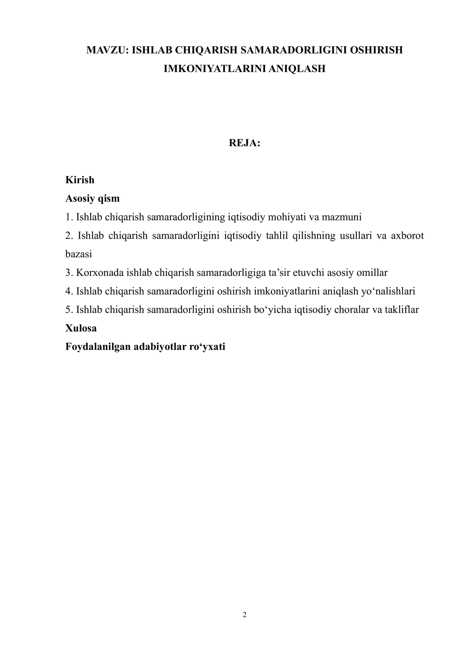 ISHLAB CHIQARISH SAMARADORLIGINI OSHIRISH IMKONIYATLARINI ANIQLASH