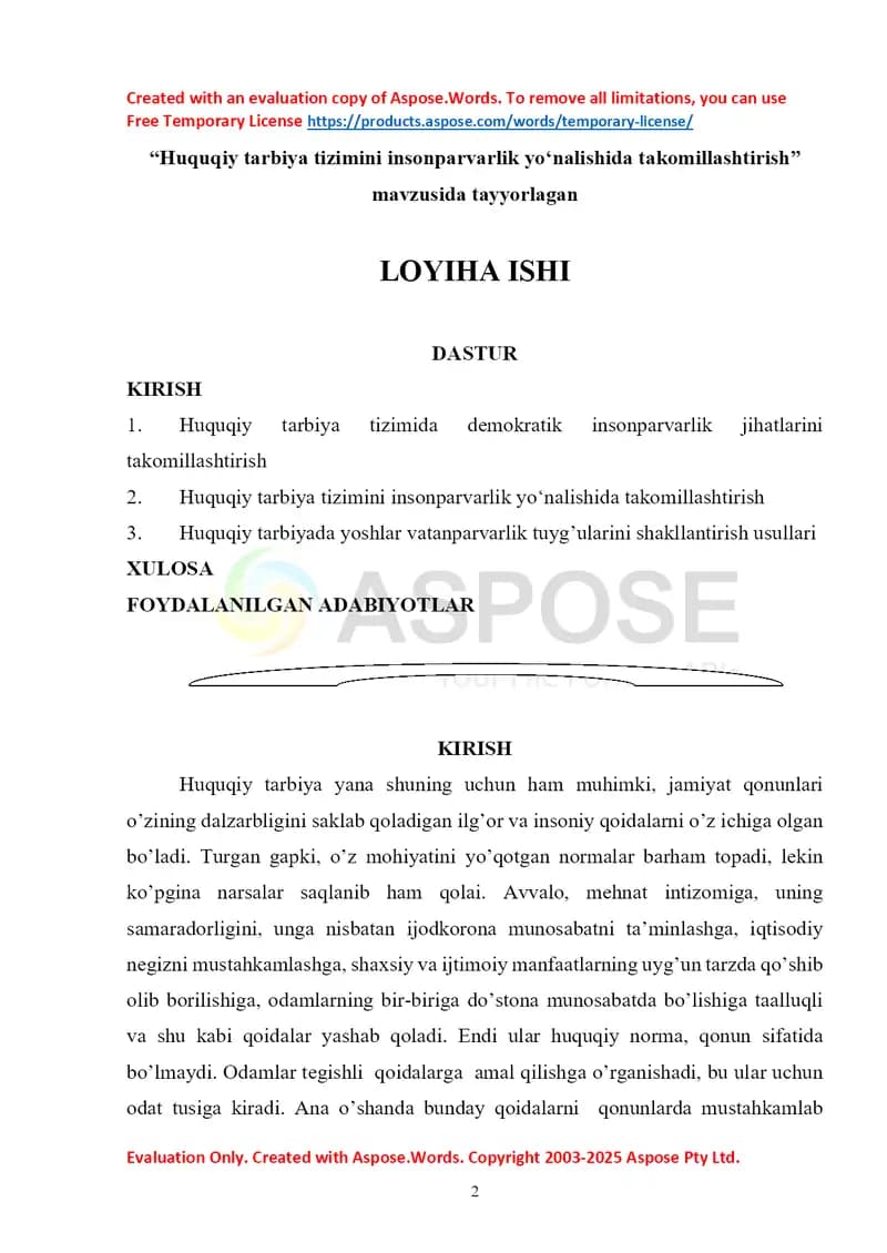 Huquqiy tarbiya tizimini insonparvarlik yoʻnalishida takomillashtirish