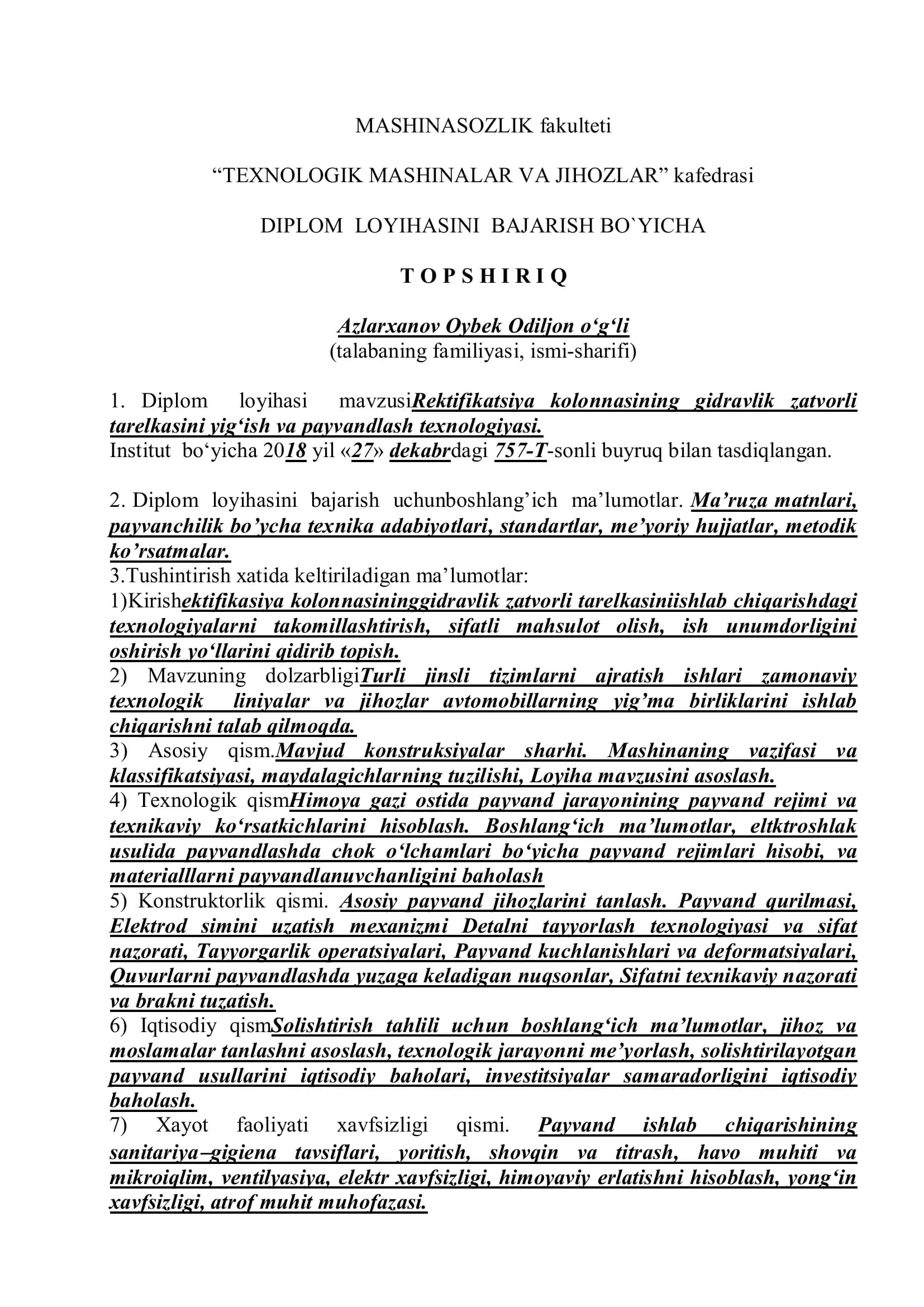 Rektifikatsiya kolonnasining gidravlik zatvorli tarelkasini yig‘ish va payvandlash texnologiyasi