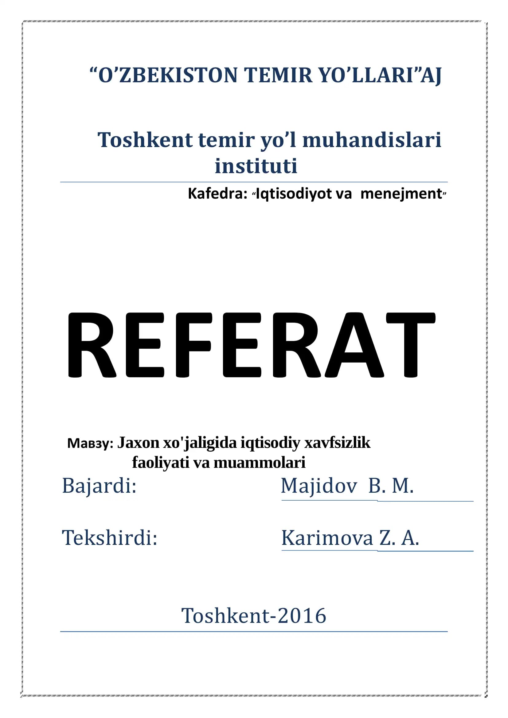 Jaxon xo'jaligida iqtisodiy xavfsizlik faoliyati va muammolari