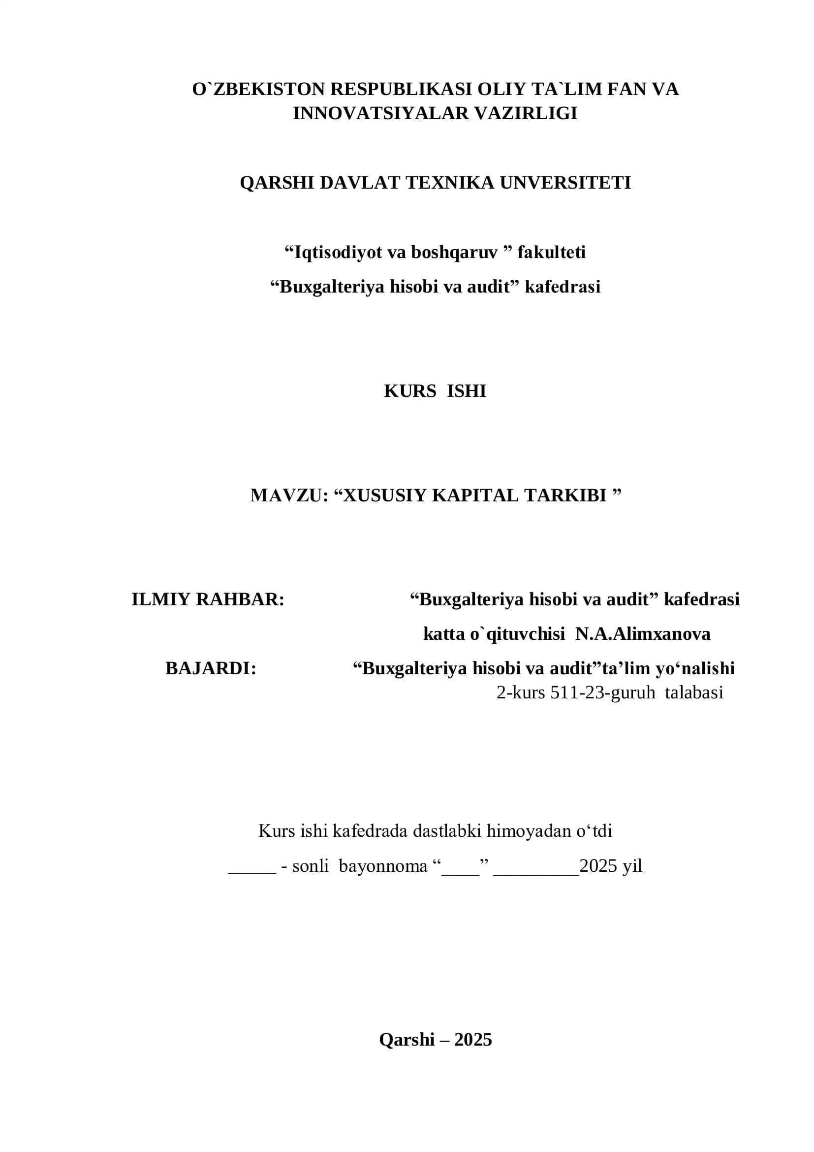 XUSUSIY KAPITAL TARKIBI