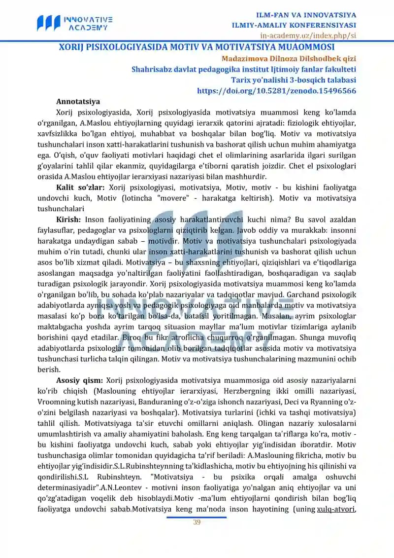 XORIJ PISIXOLOGIYASIDA MOTIV VA MOTIVATSIYA MUAOMMOSI