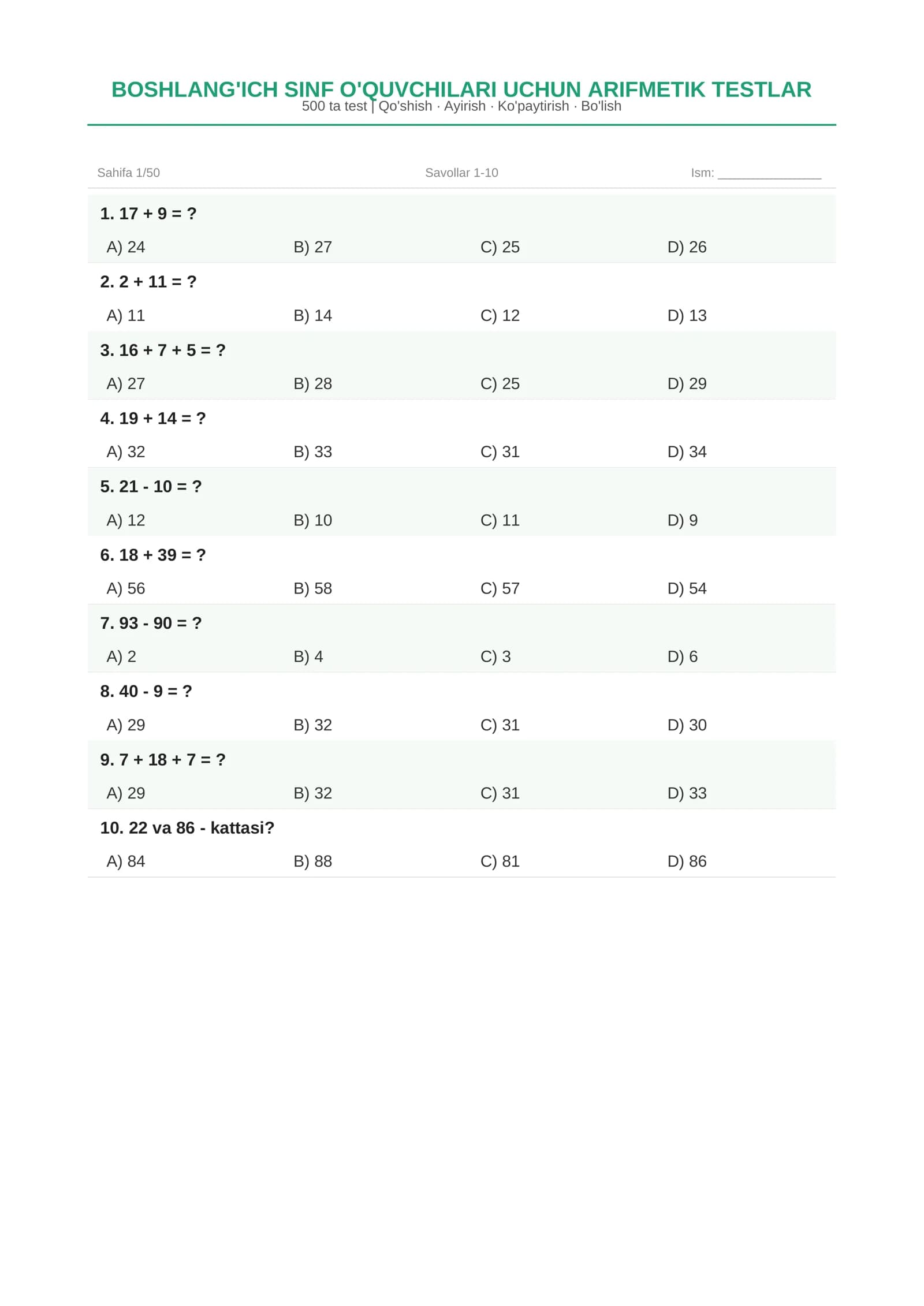 Boshlang'ich sinflar uchun matematikadan 500 ta test