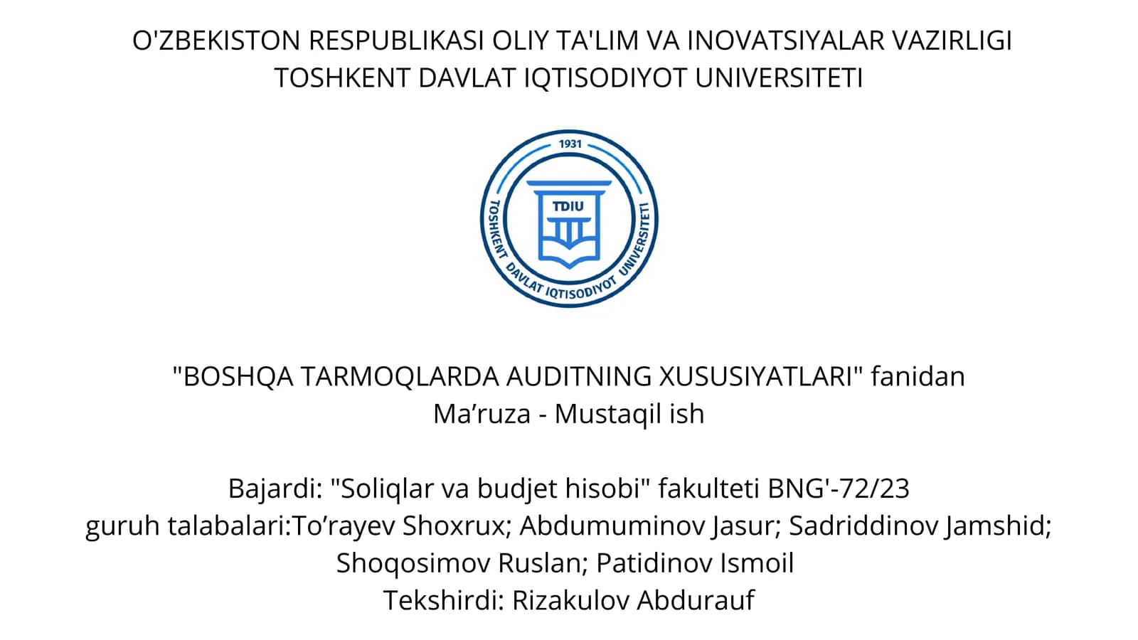 BOSHQA TARMOQLARDA AUDITNING XUSUSIYATLARI