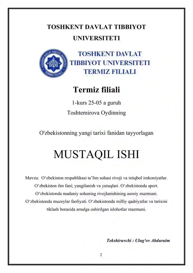 O'zbekistonning yangi tarixi fanidan tayyorlagan MUSTAQIL ISHI